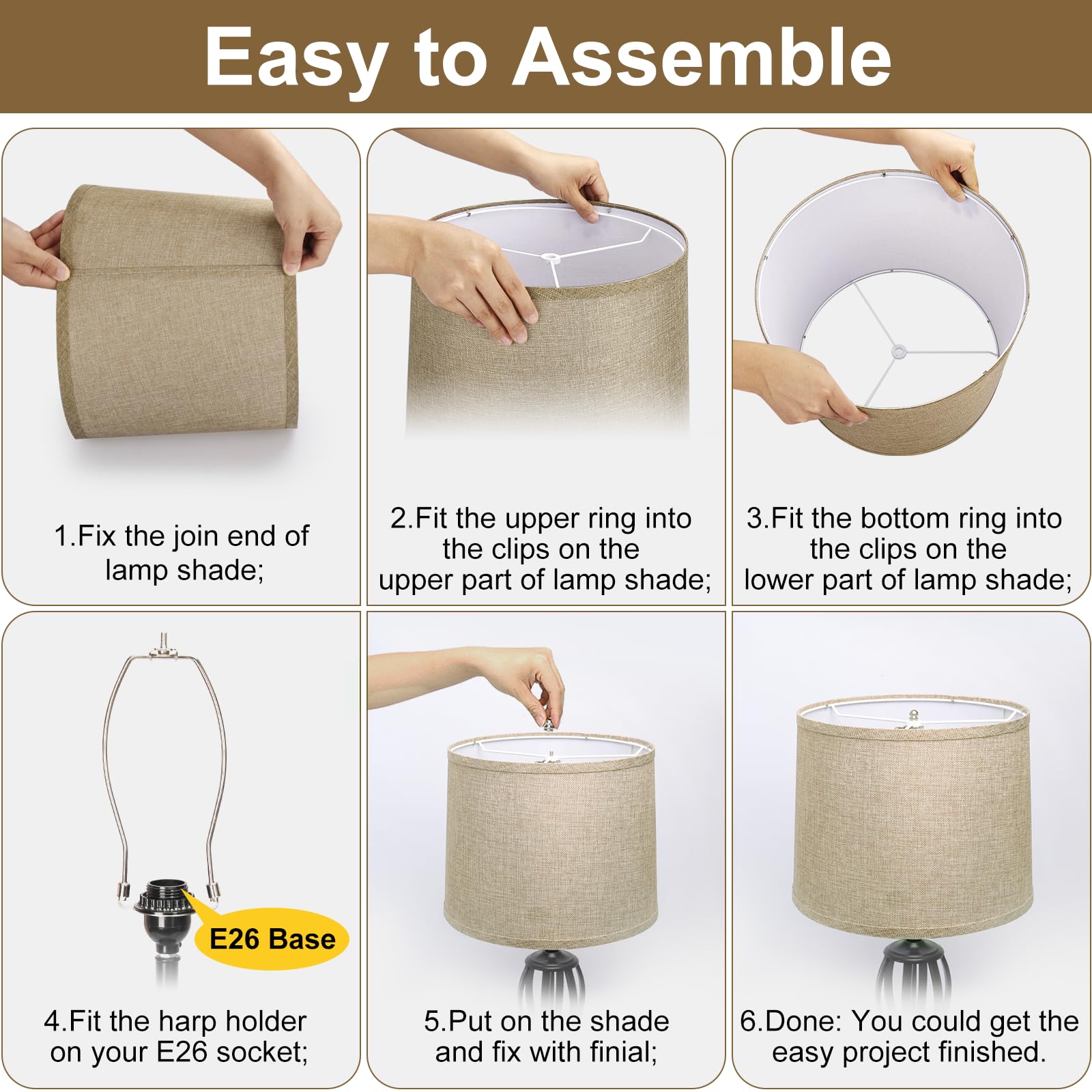 Seaside Village Drum Lampshades Set of 2, 11.6in Top x 12.6in Bottom x 9.8in High, Fabric, Farmhouse Brown, Model S