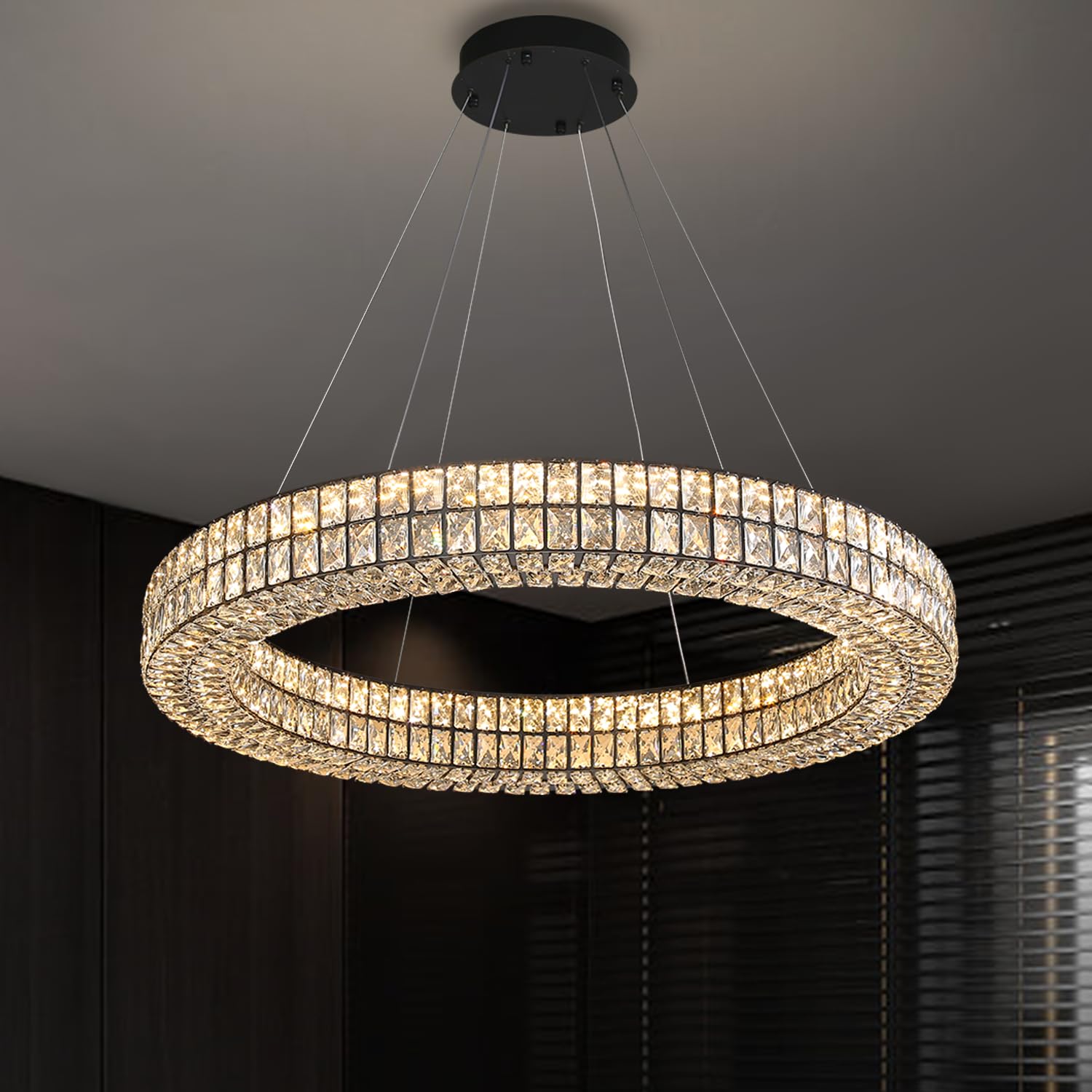 IDEQUY Modern Black LED Ring Chandelier, Dimmable Crystal, 40in, Model CF8024-100H, Perfect for Dining Room, Foyer, Staircase