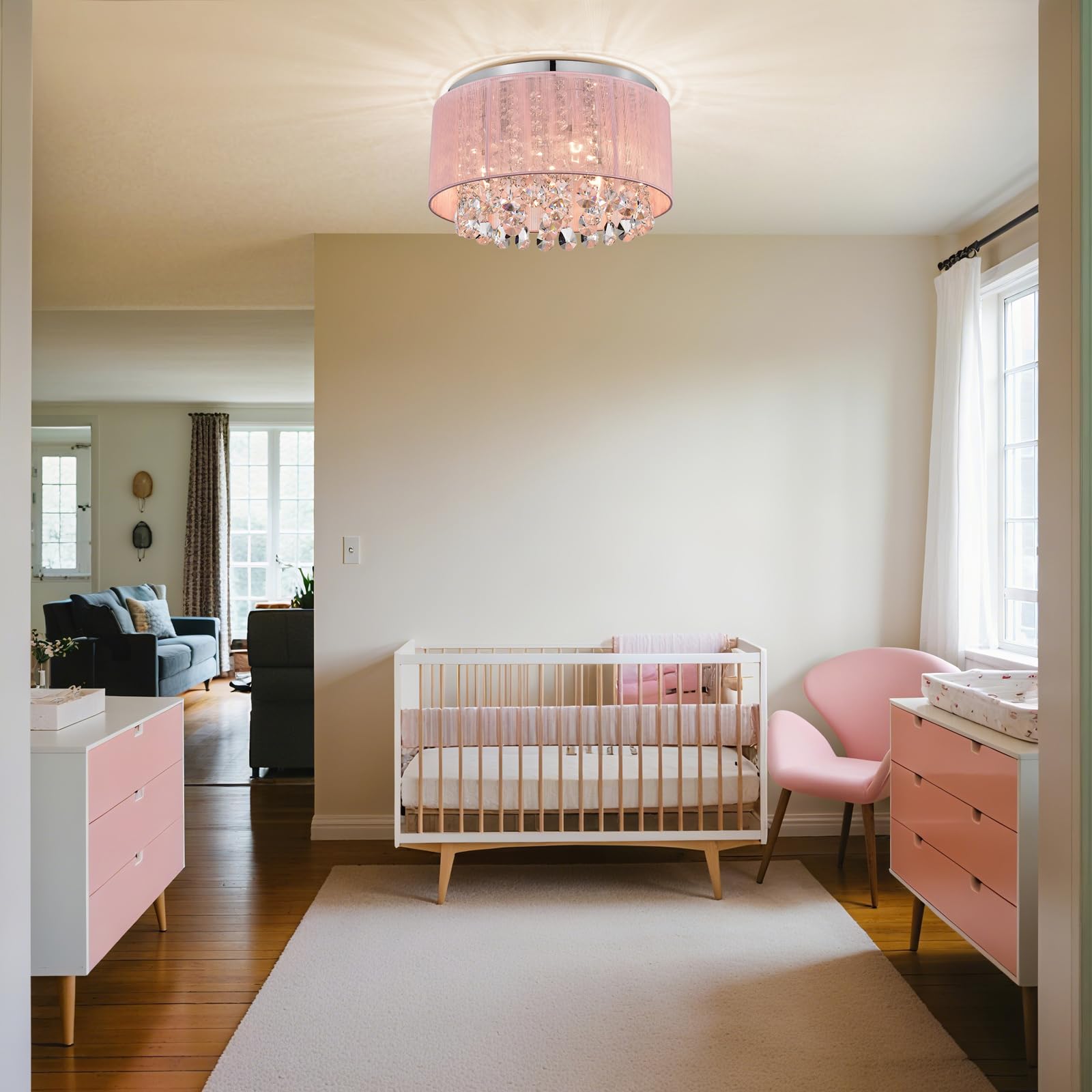 LaLuLa Pink Chandelier, 4-Light Flush Mount Ceiling Light, Metal, 18in, Modern Princess Style for Girls Bedroom, Model 17170PK