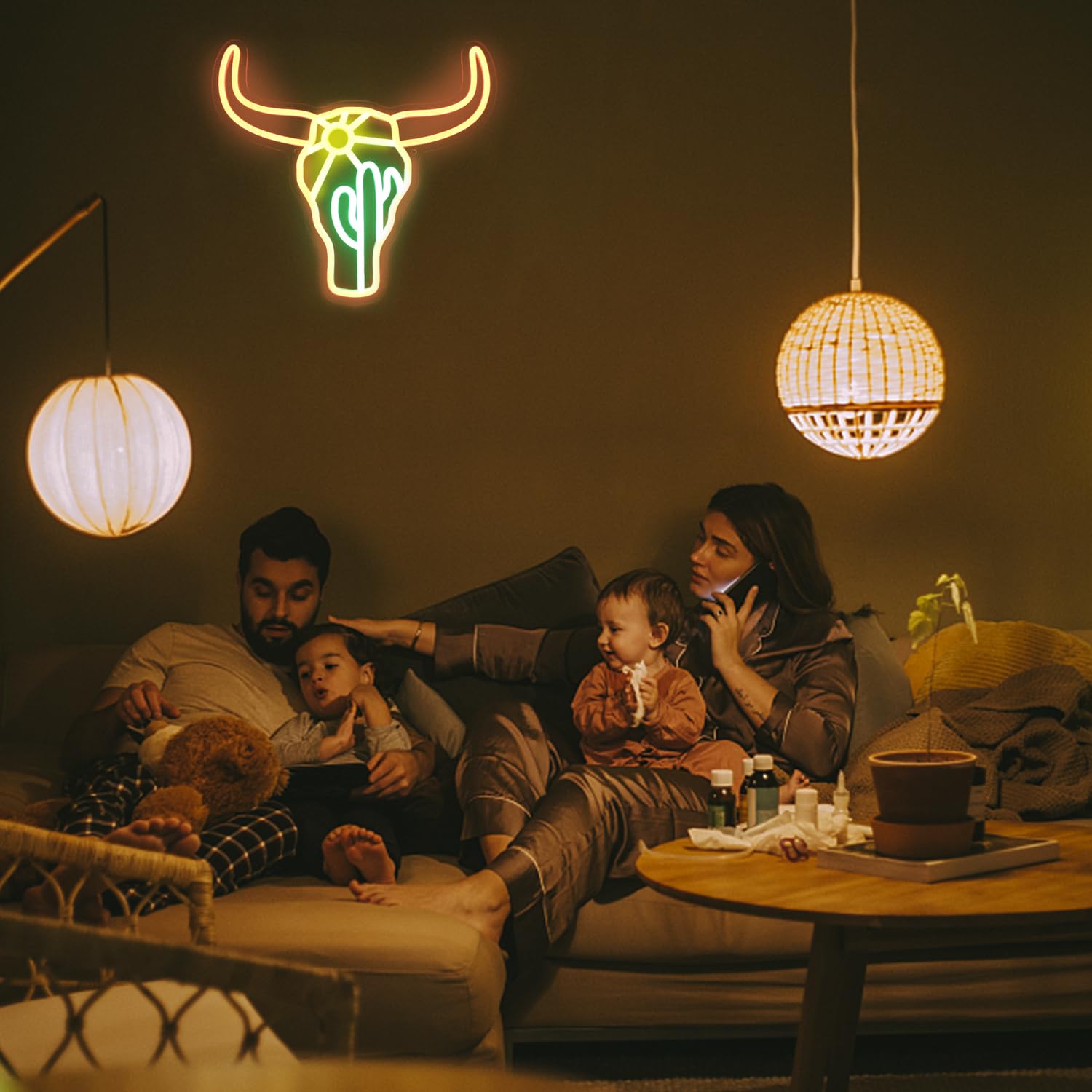 Bull Cactus Sun Neon Sign Texas Longhorn Bull Neon Lights for Bedroom Western Landscape LED Sign Cow Head Neon Lights Signs Oran