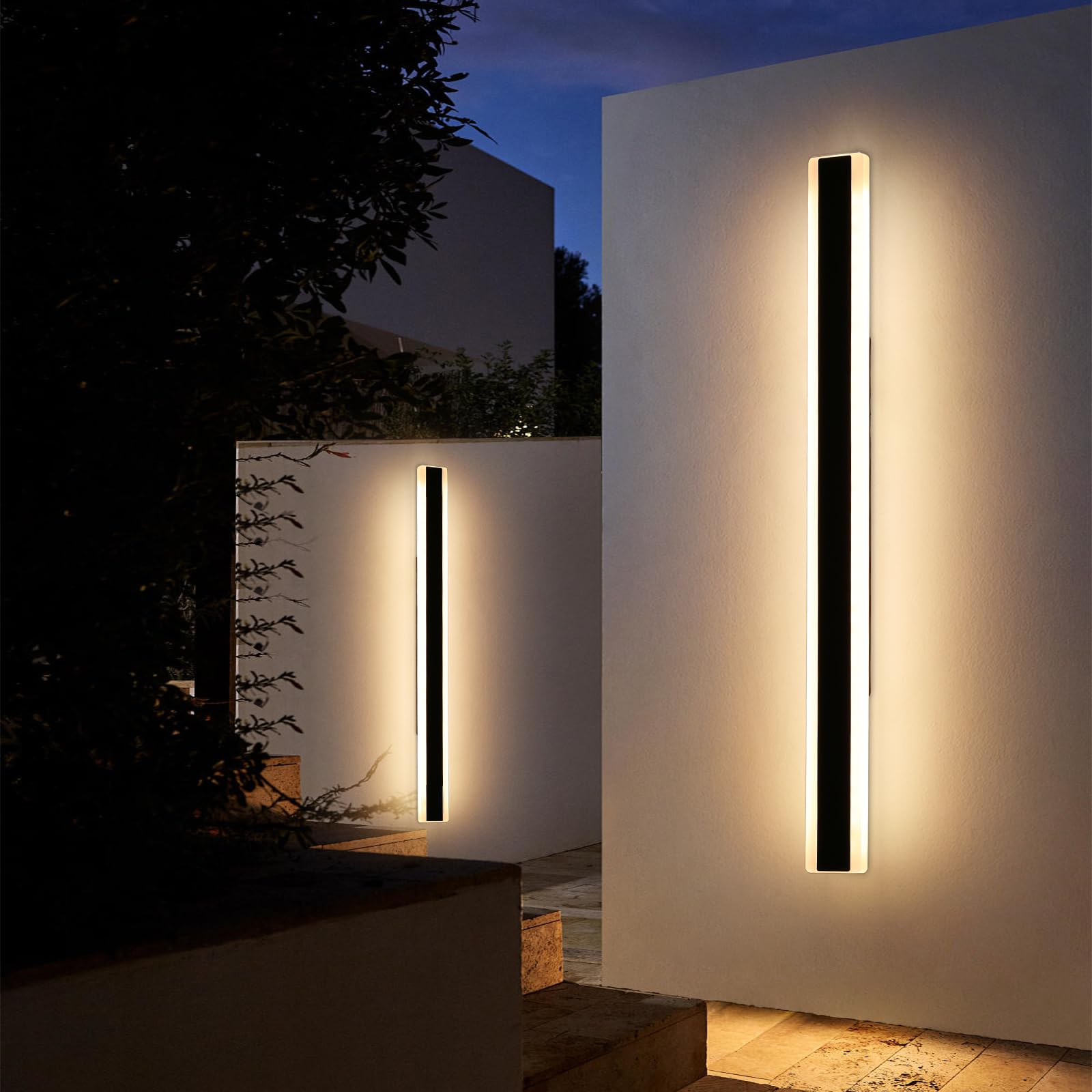 Daoseolo 2 Pack Exterior Wall Light Fixture, 59Inch Modern Outdoor Wall Sconce, Ip65 Waterproof, 3000K Warm White, 55W Black Minimalist Outside Led Strip Lights For Garage, Patio, Balcony, Fence