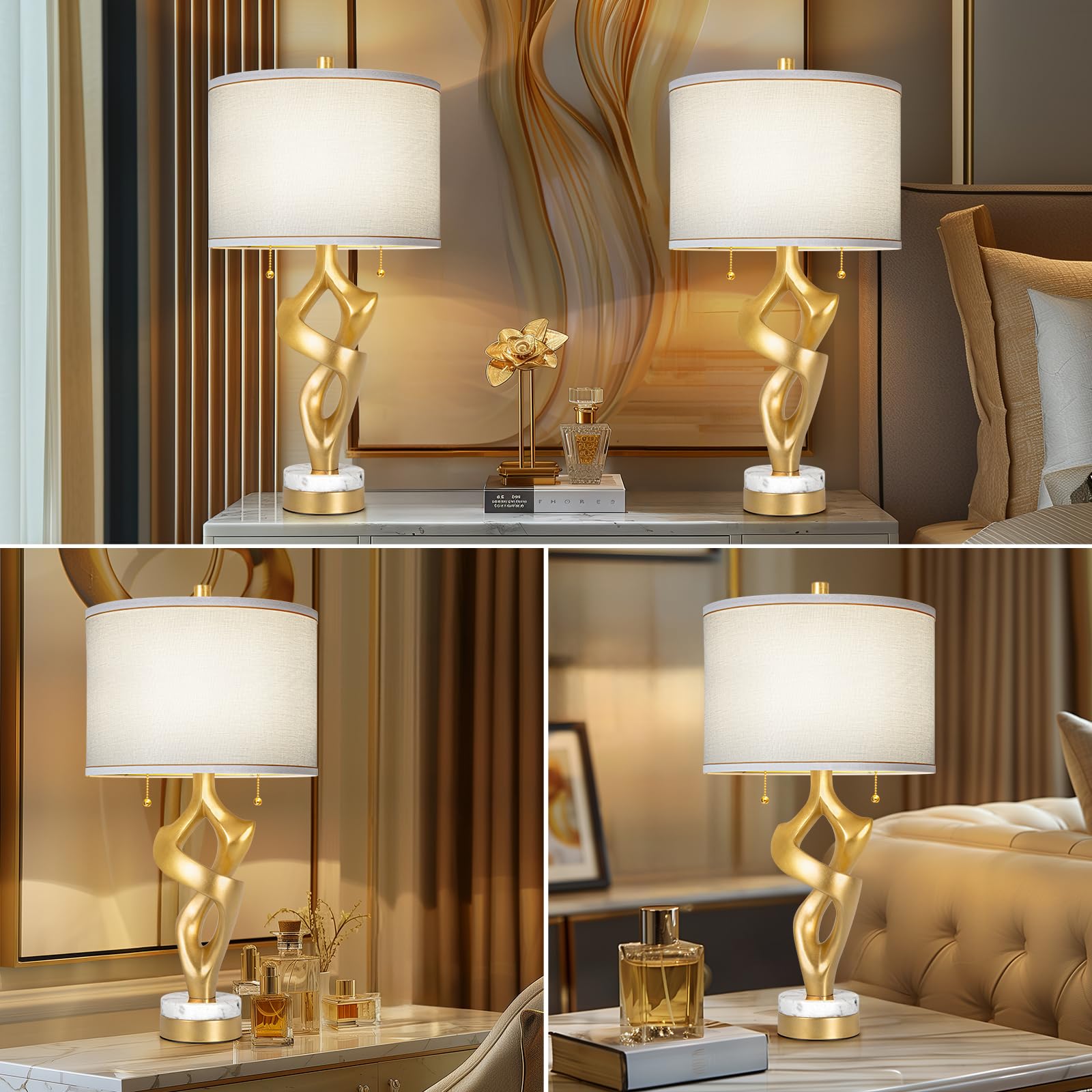Scenekoy Sculptural Table Lamp Set of 2, Marble Base, USB Ports, Gold Leaf Finish, Modern Design for Living Room, Brown-3, Model 029