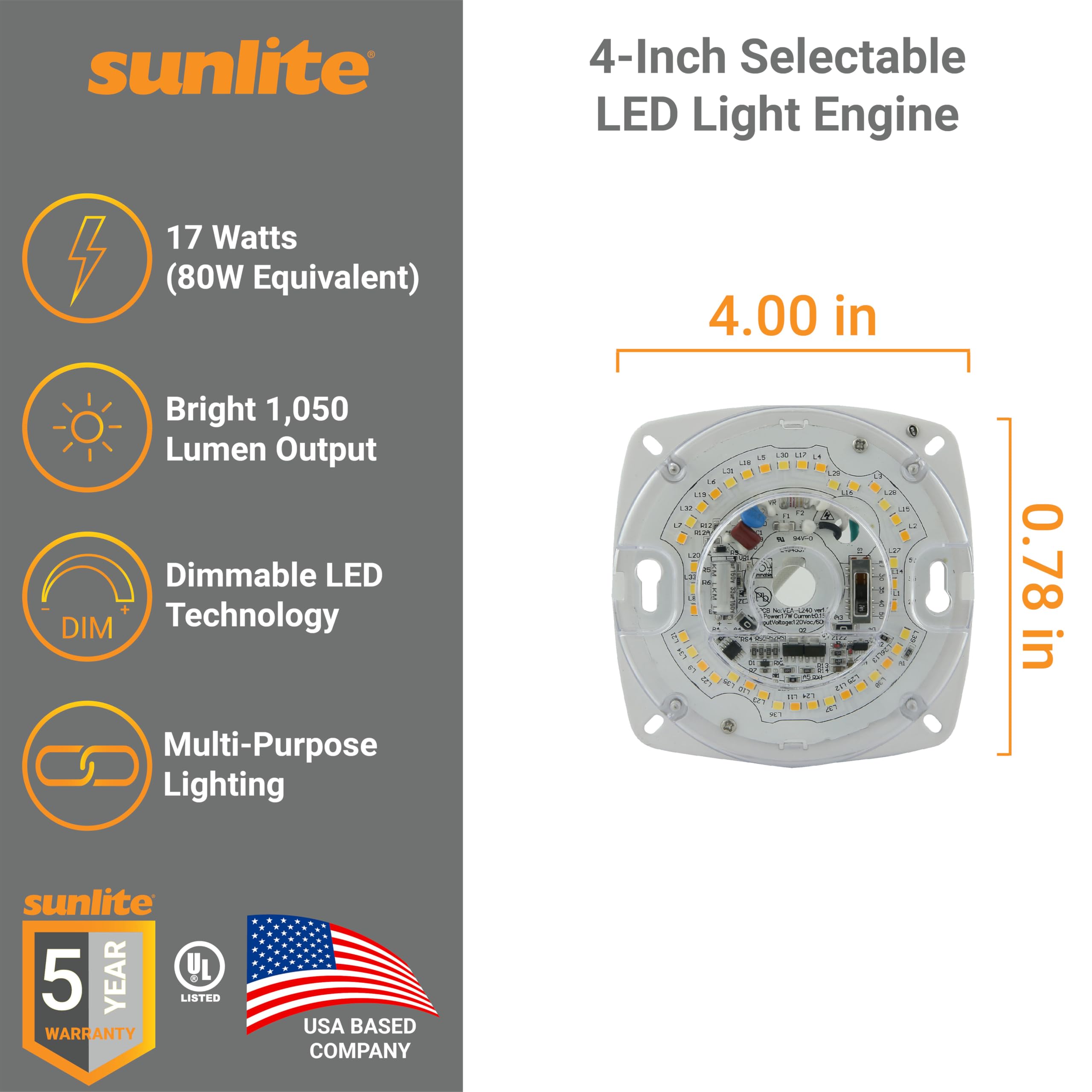 Sunlite Color Temperature Selectable Led Light Engine, 4-Inch, 17 Watts (80W=), 1050 Lumens, 27K/30K/40K/50K Cct, Dimmable, 25,0