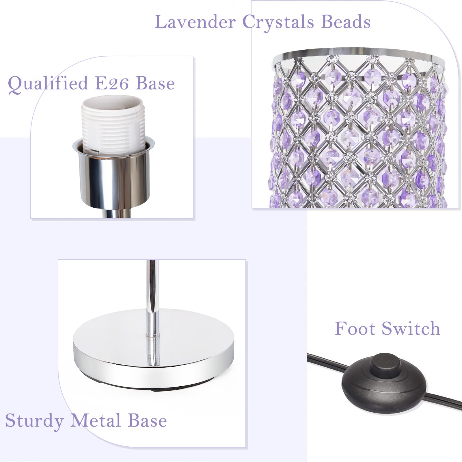 Floor Lamp For Bedroom, Lavender Crystal Floor Lamp With Glam Shade, Elegant Standing Lamp With On/Off Foot Switch & Silver Base