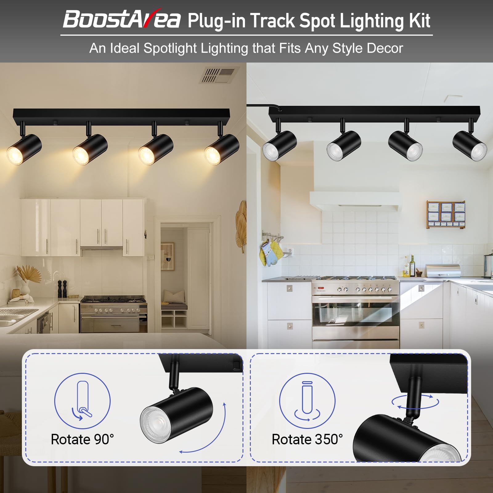 Boostarea Plug In Track Lighting, Led Track Light Kit, Black 4-Light Track Lights For Kitchen, 15 Ft Cord,4 Way Ceiling Spotligh