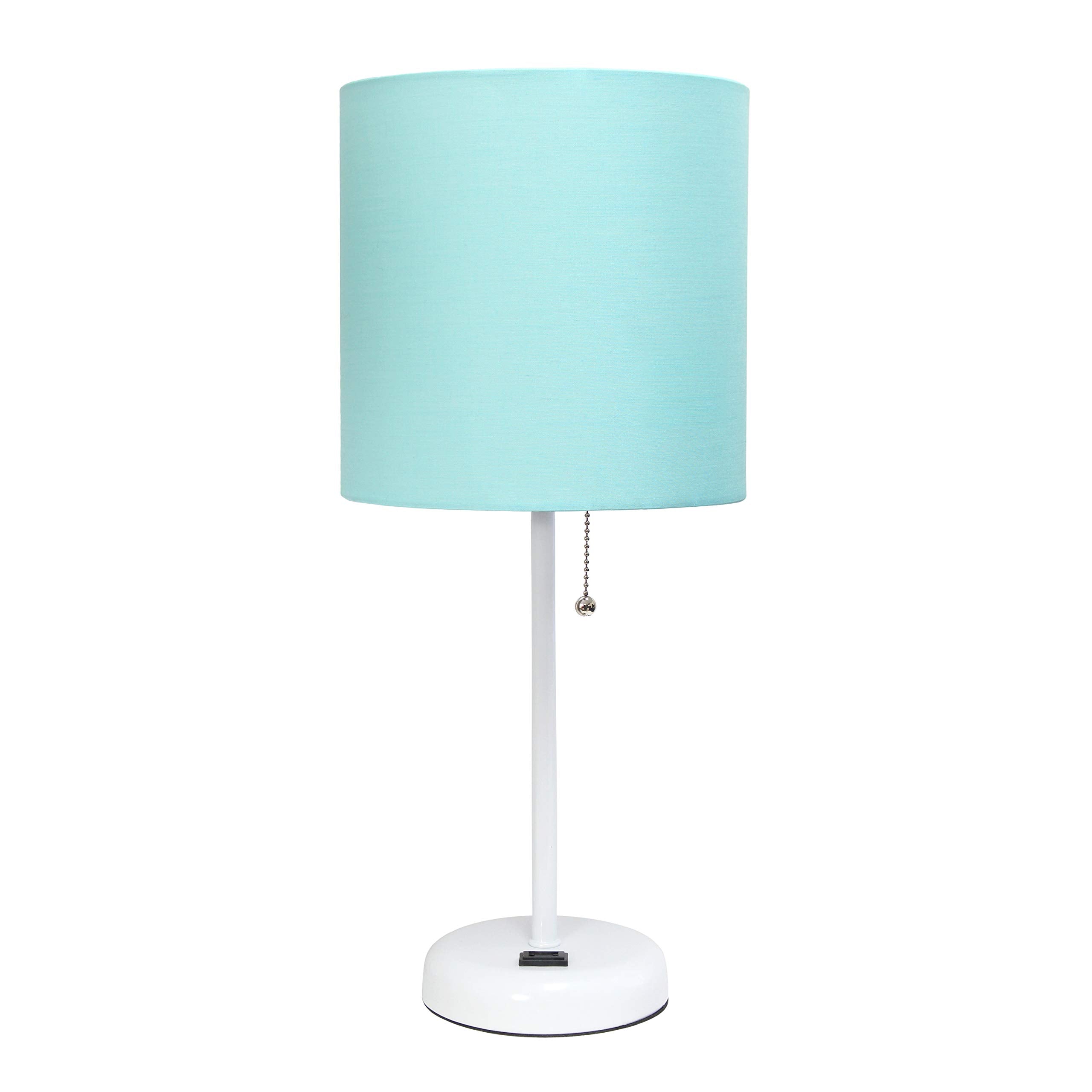 Simple Designs Lt2024-Aow White Stick Table Desk Lamp With Charging Outlet And Drum Fabric Shade, Aqua