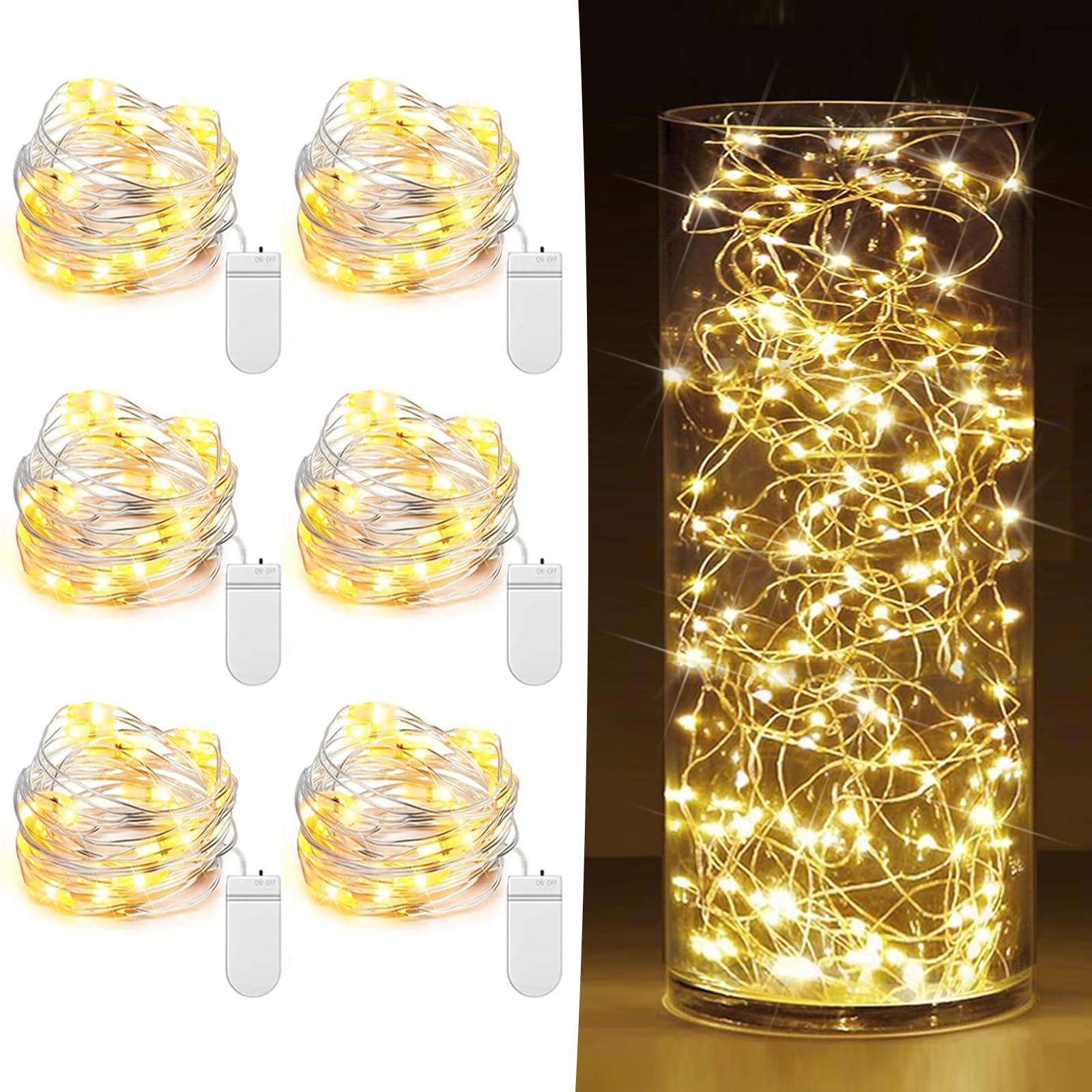 6 Pack Fairy Lights Battery Operated 7Ft 20 Led Mini String Lights Twinkle Lights Silver Wire Firefly Starry Lights For Mason Jars Wedding Party Christmas Centerpiece Table Decorations, Warm White