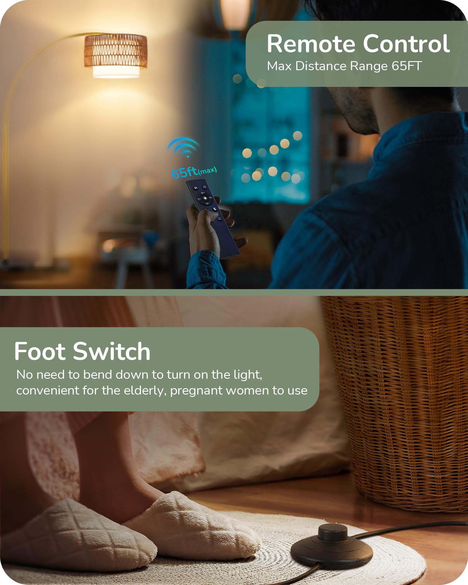 Edishine 76'' Gold Arched Floor Lamp With Remote, Boho Farmhouse Floor Lamp With Rattan & Fabric Shades, Tall Arc Standing Lamp