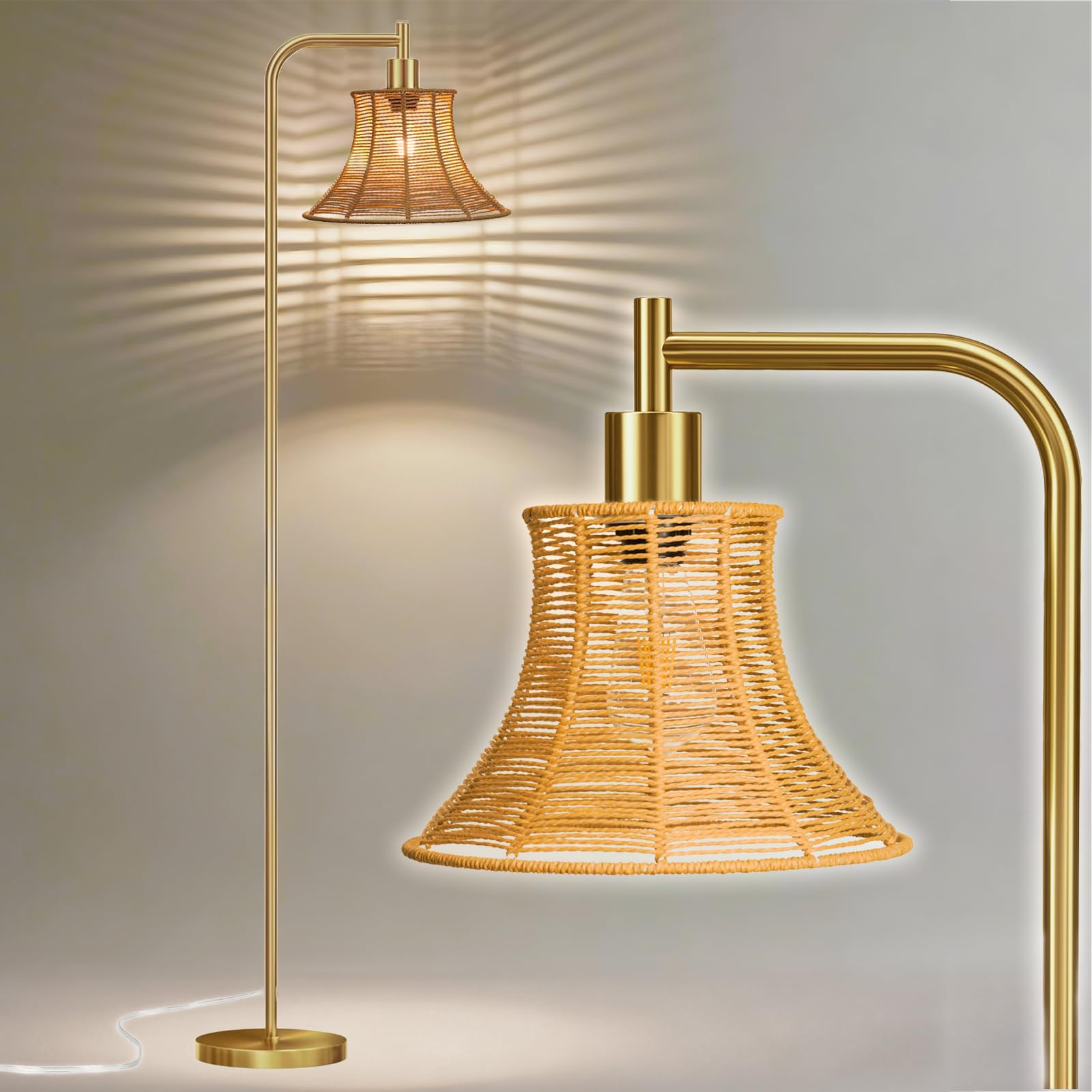 AUGsea 67 Modern Vintage Floor Lamp with Rope-Braided Lampshade - Ideal for Living Room, Bedroom & Office - Heavy Base, Pedal Sw