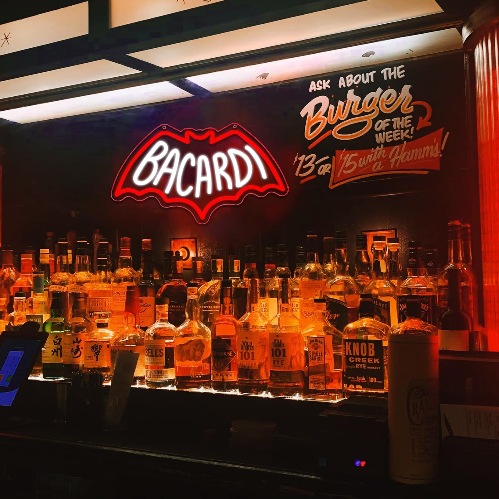AHlove Neon Sign - Bacardi Rum Wall Decor, USB Powered Bar Light, Acrylic, 17x13 Inches, Model NS-BACARDI-002, Color BACARDI-002