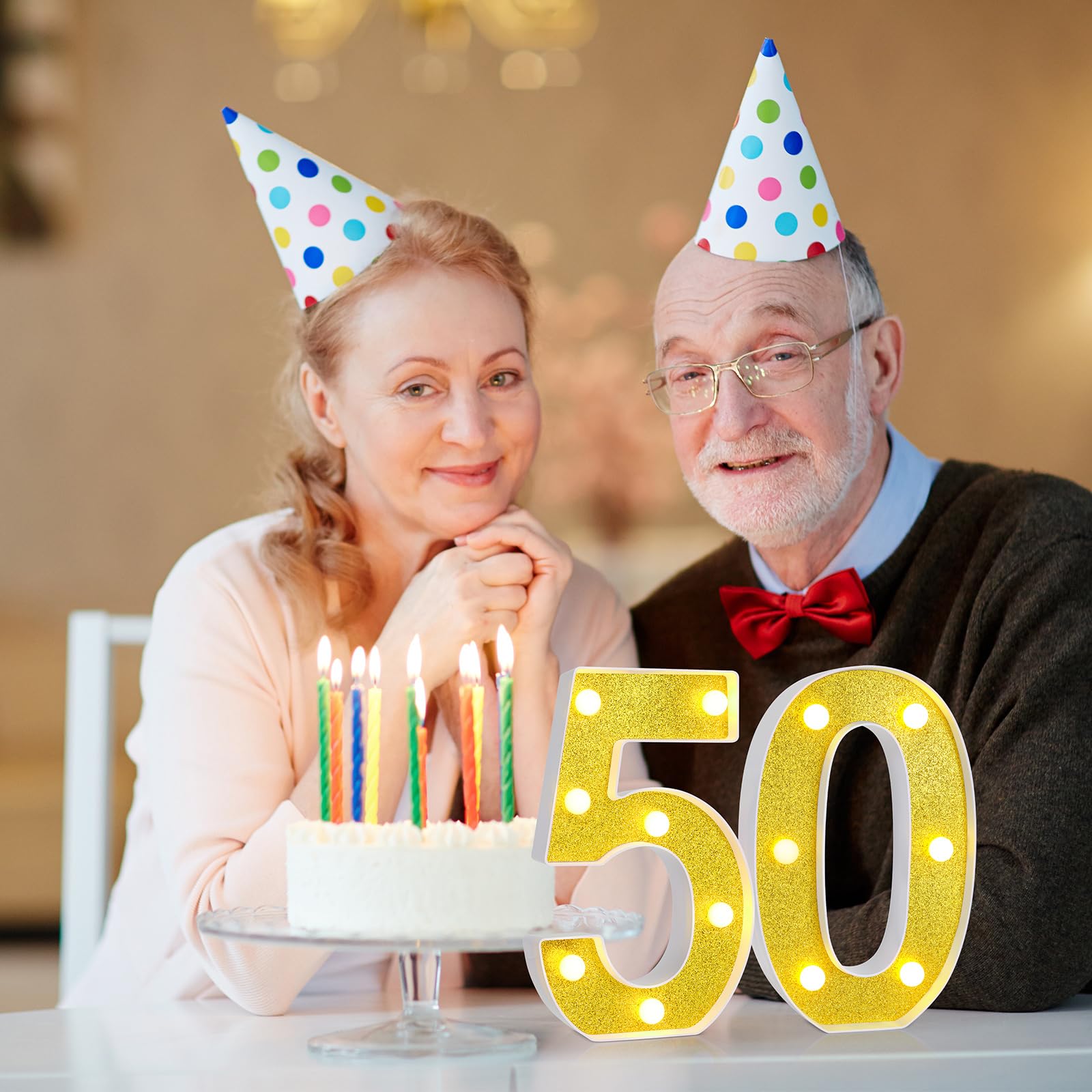 Treela LED Light Up Number Sign, 8.7in  Glitter Marquee for 50th Birthday Party Decorations, Gold PP Material