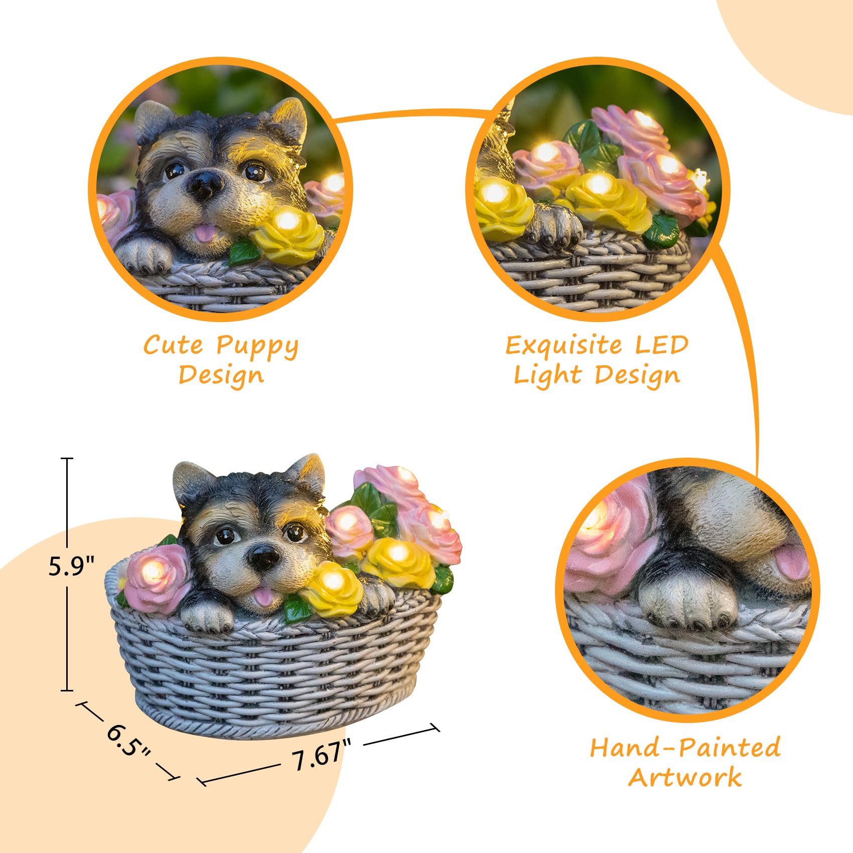 HOMEIMPRO Solar Garden Decor Statues, 8LED Lights, Resin, Multicolor Dog Design, Model DOG0024