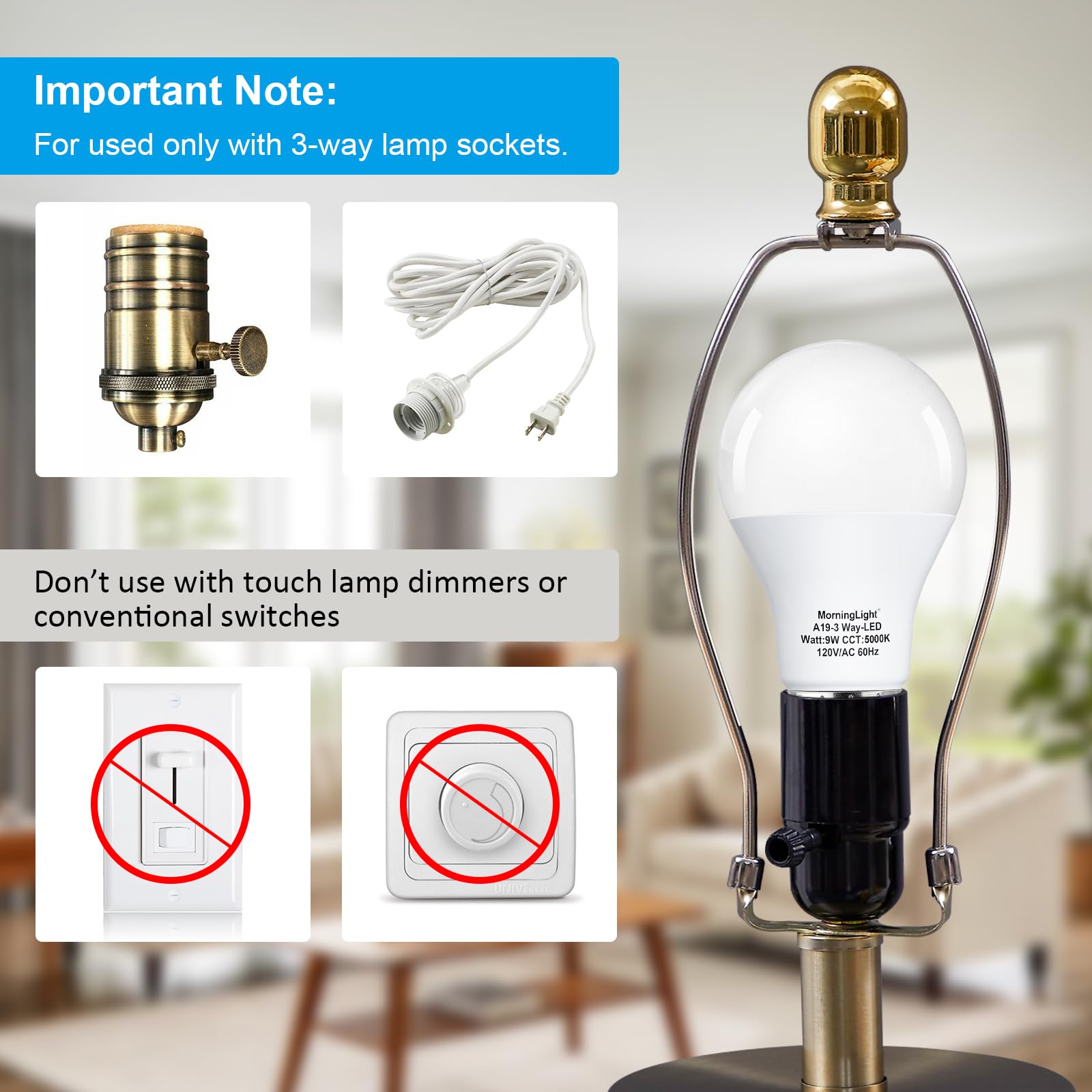 Morninglight A19 3-Way Led Light Bulbs 15 40 60Watt Equivalent, Daylight 5000K, E26 Medium Base, 9W A19 Three Way Light Bulbs Fo