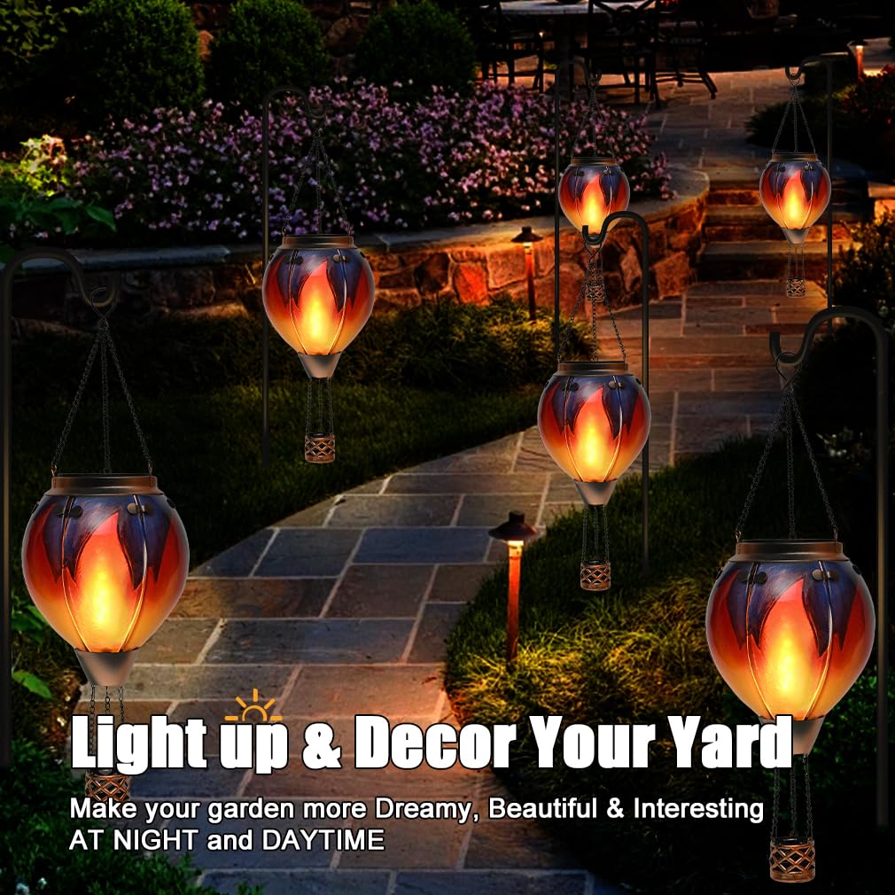 Hot Air Balloon Solar Lantern - Simulated Flickering & Dancing Flame Glass Lantern   Outdoor Hanging Yard Light Waterproof Ip65 For Garden Patio Lawn Porch Decor Gift