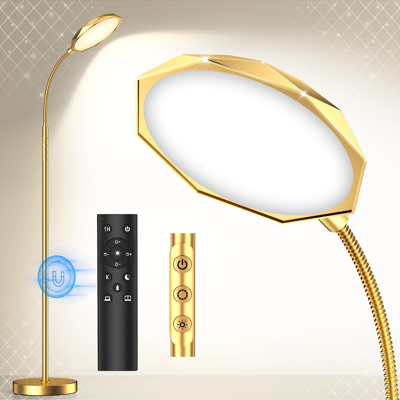 PACOVY Floor Lamp, 18W Bright LED Floor Lamps for Living Room, Stepless Adjustable Colors & Dimmer Standing Lamp with Timer, Rem