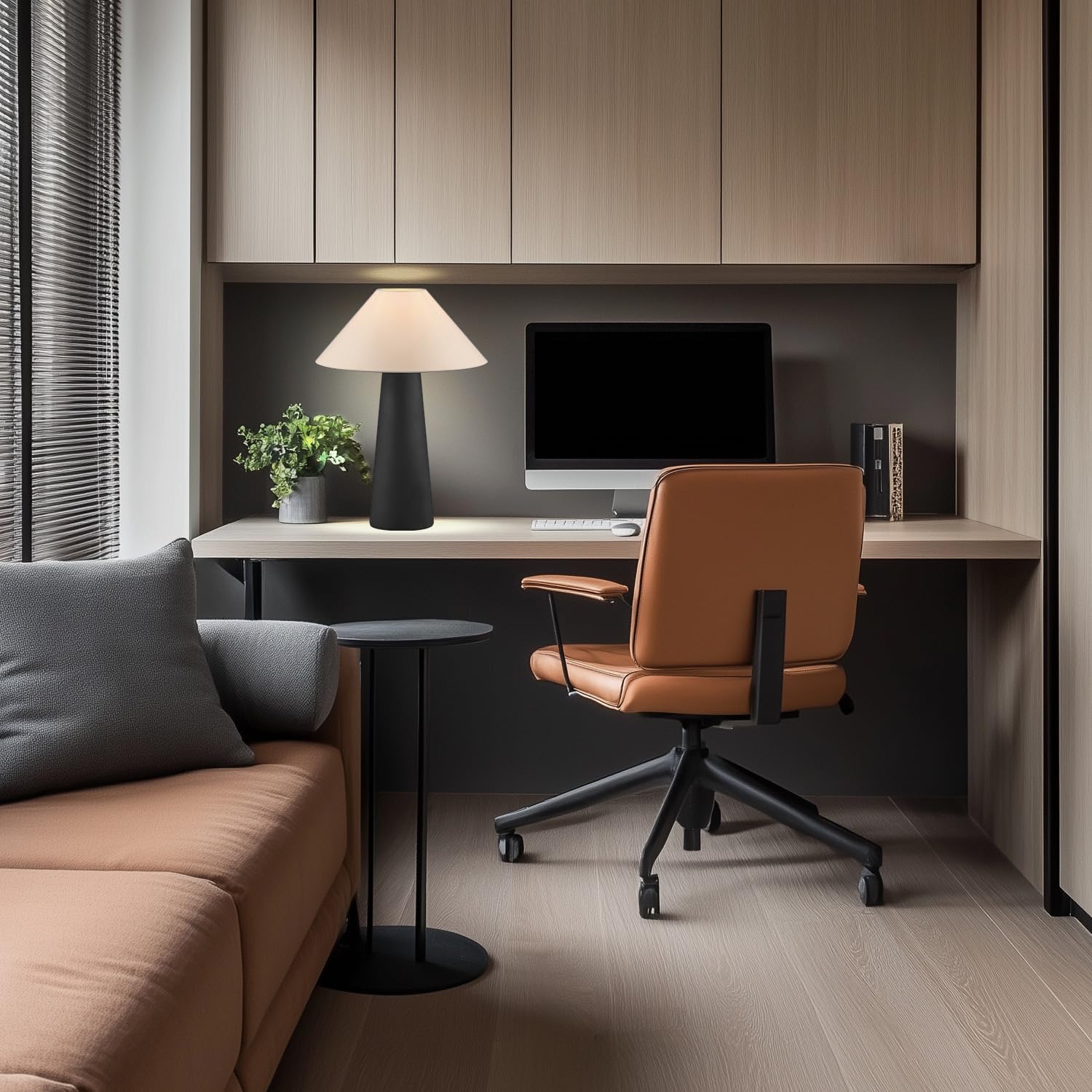 Novogratz X Globe 18'' Ceramic Table Lamp, Matte Black, Off-White Tapered Fabric Shade, In-Line Rocker Switch, 5 Ft. Clear Cord,