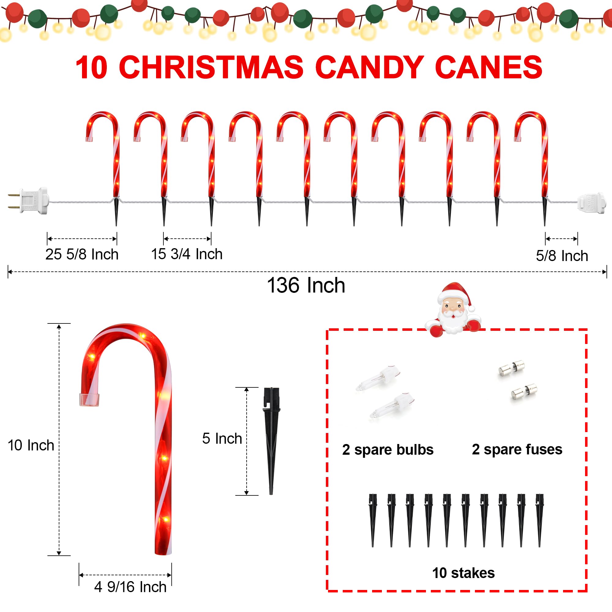 10'' Christmas Candy Cane Lights (10Pcs) For Landscape Decoration,Red & White Pathway Makers Lights (Include Stakes)