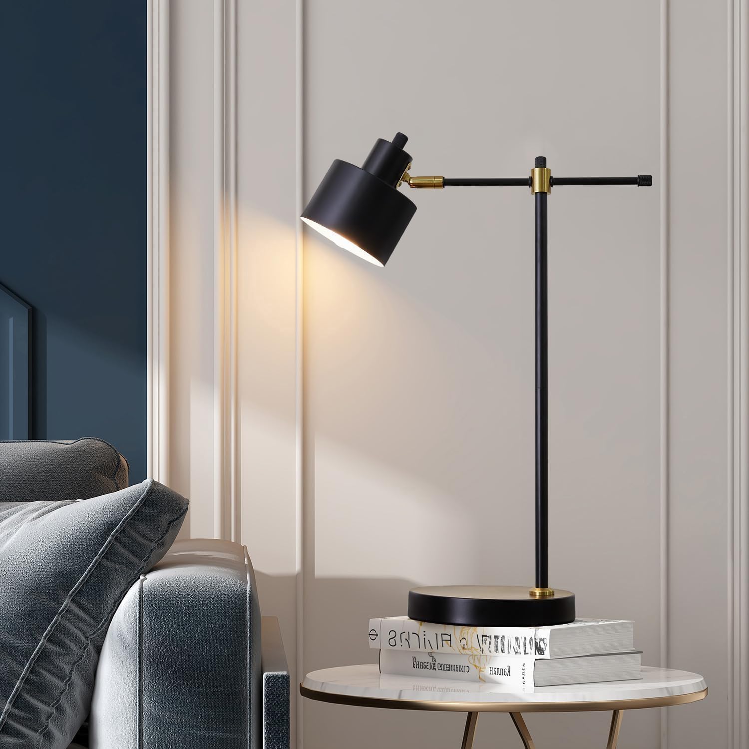 OYEARS Modern Industrial Desk Lamp for Reading LED 22.2 Metal Table Lamp Light for Office Bedroom Study Room Living Room Nightstand Bedside Lamps Gold and Matte Black Accent (Black  Bulb Included)