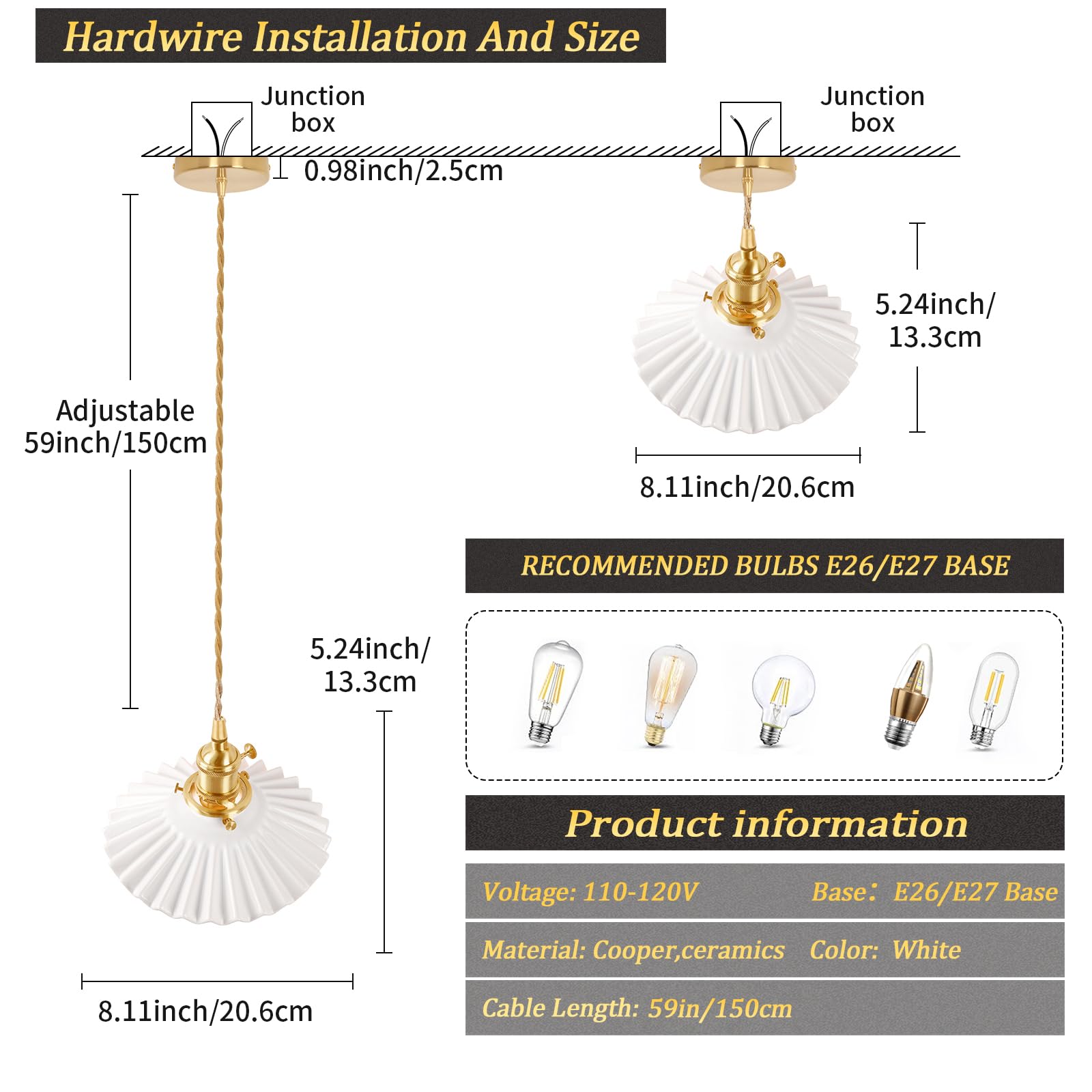 Shenmoyl Pendant Light With White Pleated Ceramic Lmapshade, Brass Vintage Pendant Light Adjustable Hanging Light For Kitchen Is