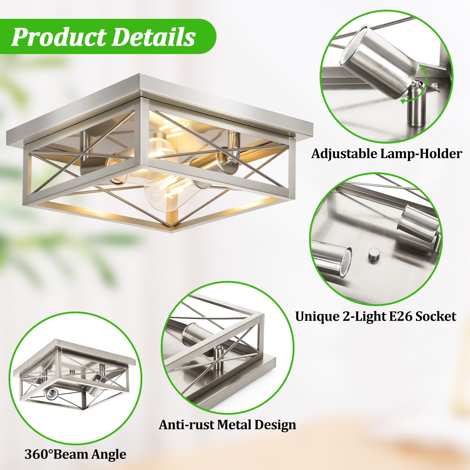 Kondras Brushed Nickel 2-Light Flush Mount Ceiling Lights, Metal, 2-Pack, Square Design for Bedroom, Living Room, Entryway