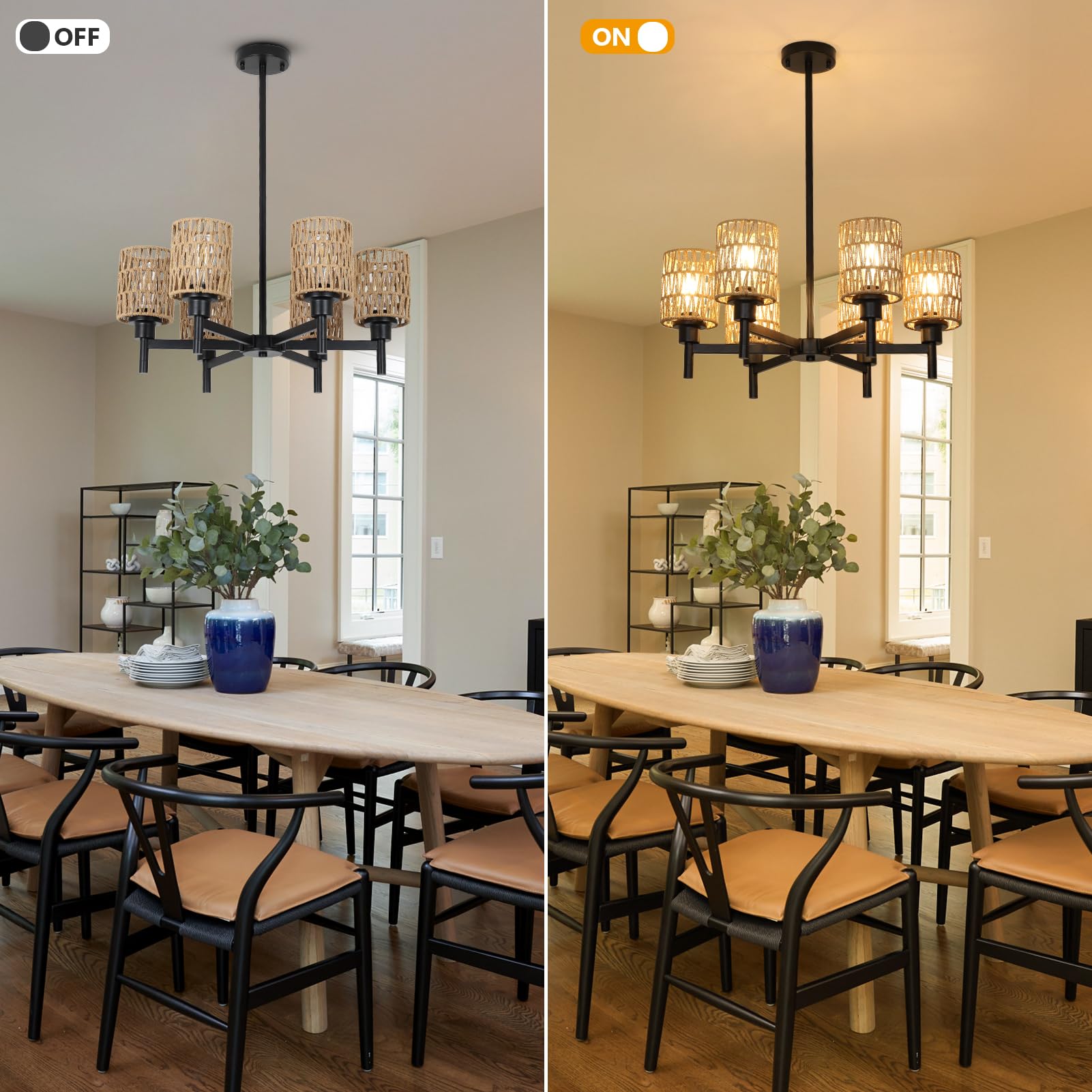 Airposta Rattan Chandelier for Dining Room, Black Pendant Light, Rustic Boho Design, Model 230907A1
