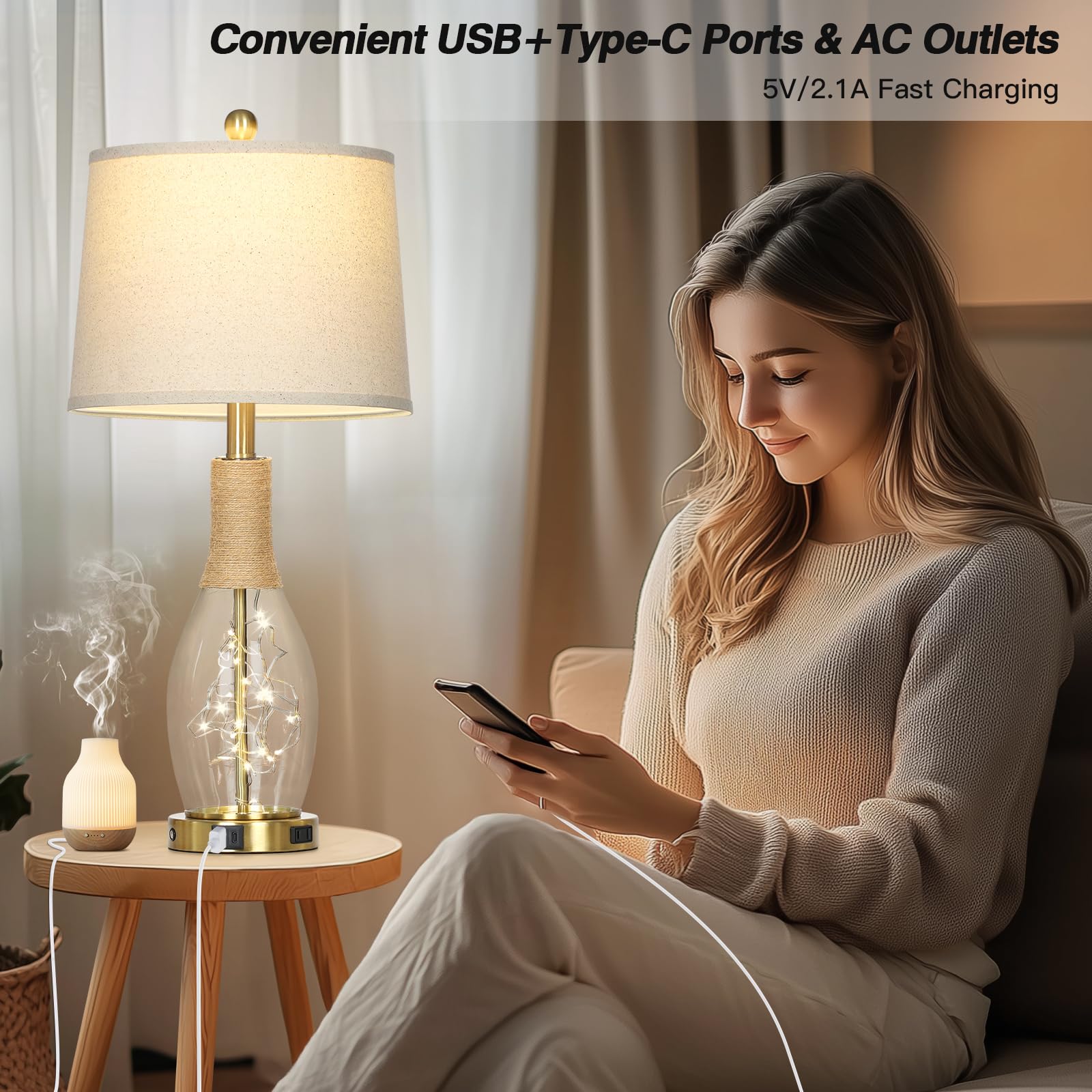 27.5'' Coastal Glass Table Lamps Set Of 2, Touch Control 3-Way Dimmable Modern Table Lamps With Usb A+C Ports & Ac Outlets, Farm