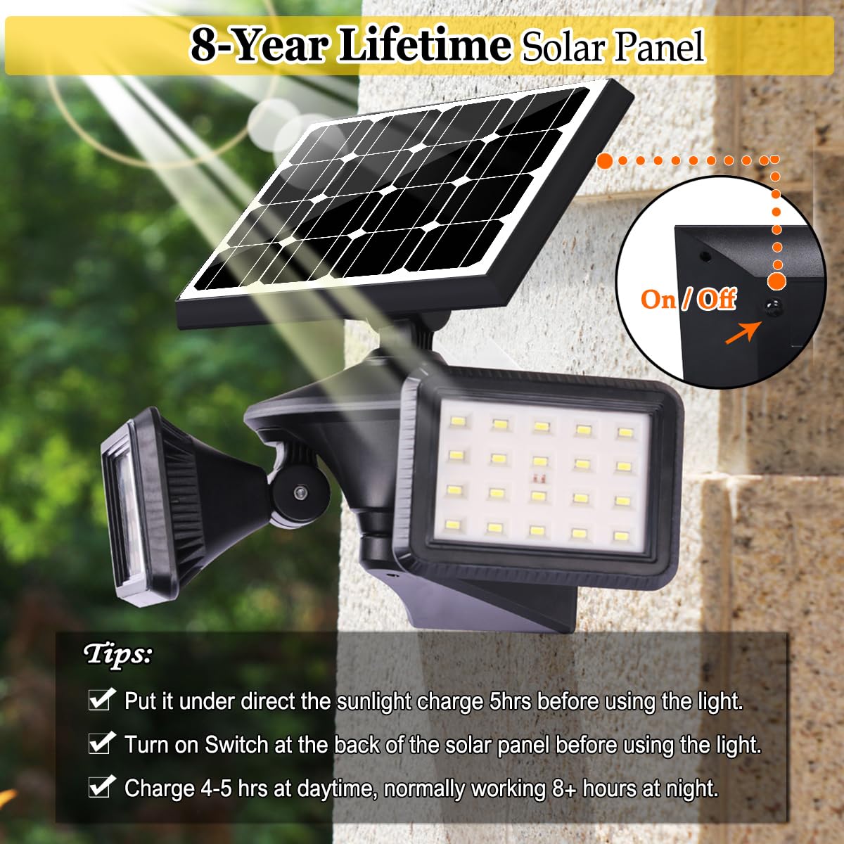 EMANER Motion Sensor Solar Light Outdoor, 6000K LED Flood Light, Waterproof, Plastic/Aluminum, 1-Pack, Model YH0508