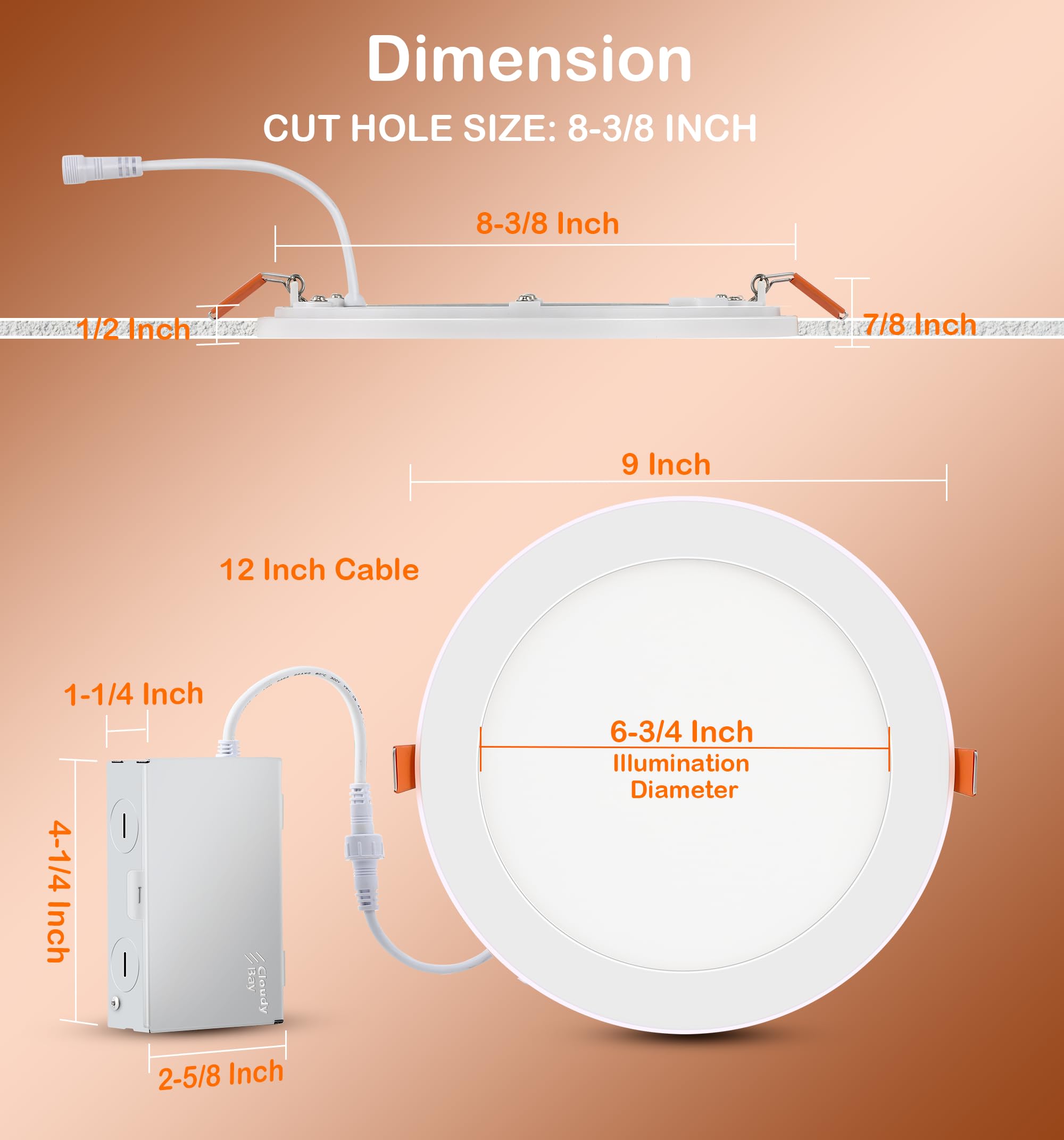 CLOUDY BAY 8 Inch LED Recessed Ceiling Light, 5CCT Dimmable Night Light, 18W 1600LM, Ultra-Thin, Model 0407b