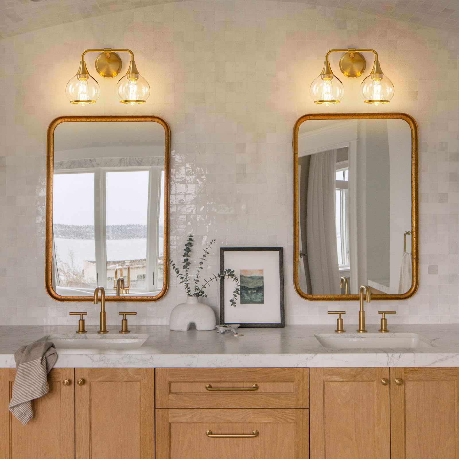 HAHZT Gold Bathroom Light Fixtures, 2-Light Vanity Lights, Clear Glass Shade, Wall Sconces, Model 8033ML
