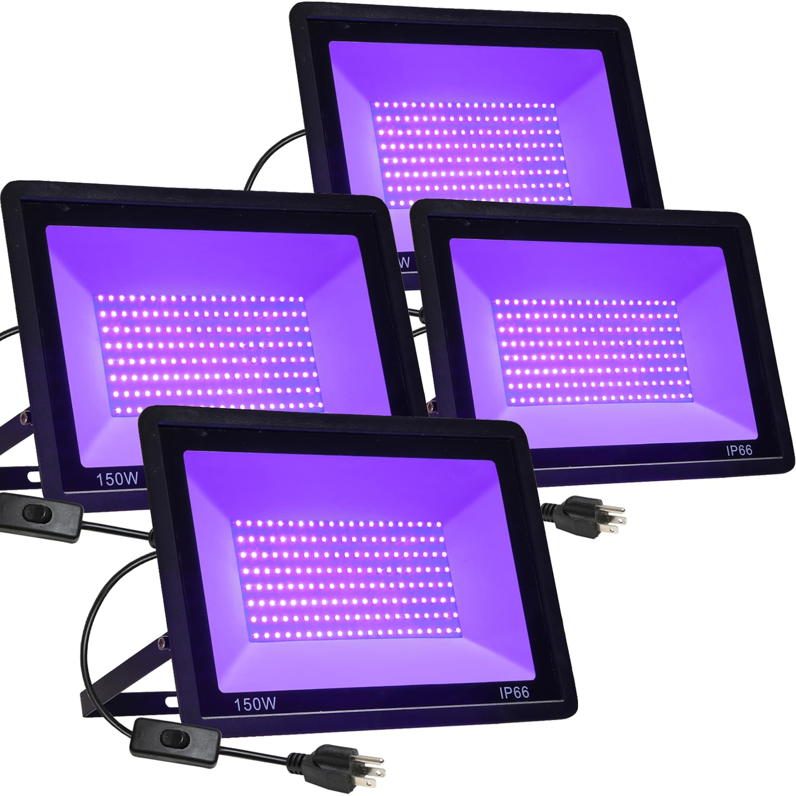 QIYEKA 4 Pack 150W LED Black Lights, Flood Blacklight with Plug, IP66 Waterproof Outdoor UV Spotlight for Dance Party Large Spac