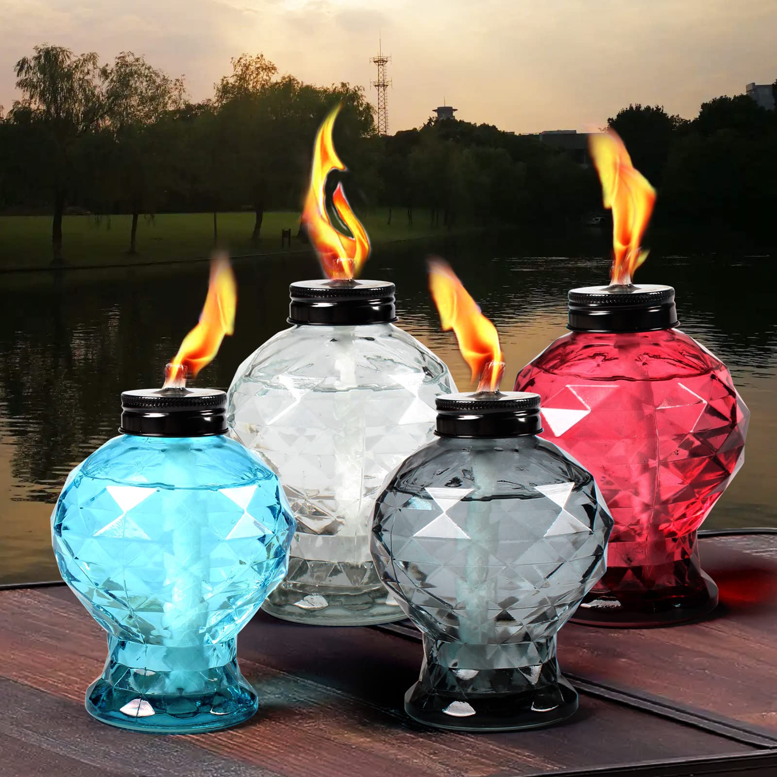Dikaida 4 Pack Glass Table Torch,Citronella Glass Table Top Torches With Wick And Cap For Outdoor,Refillable Torches Landscape Lanterns Torches For Yard Patio Christmas Garden,Party Decor