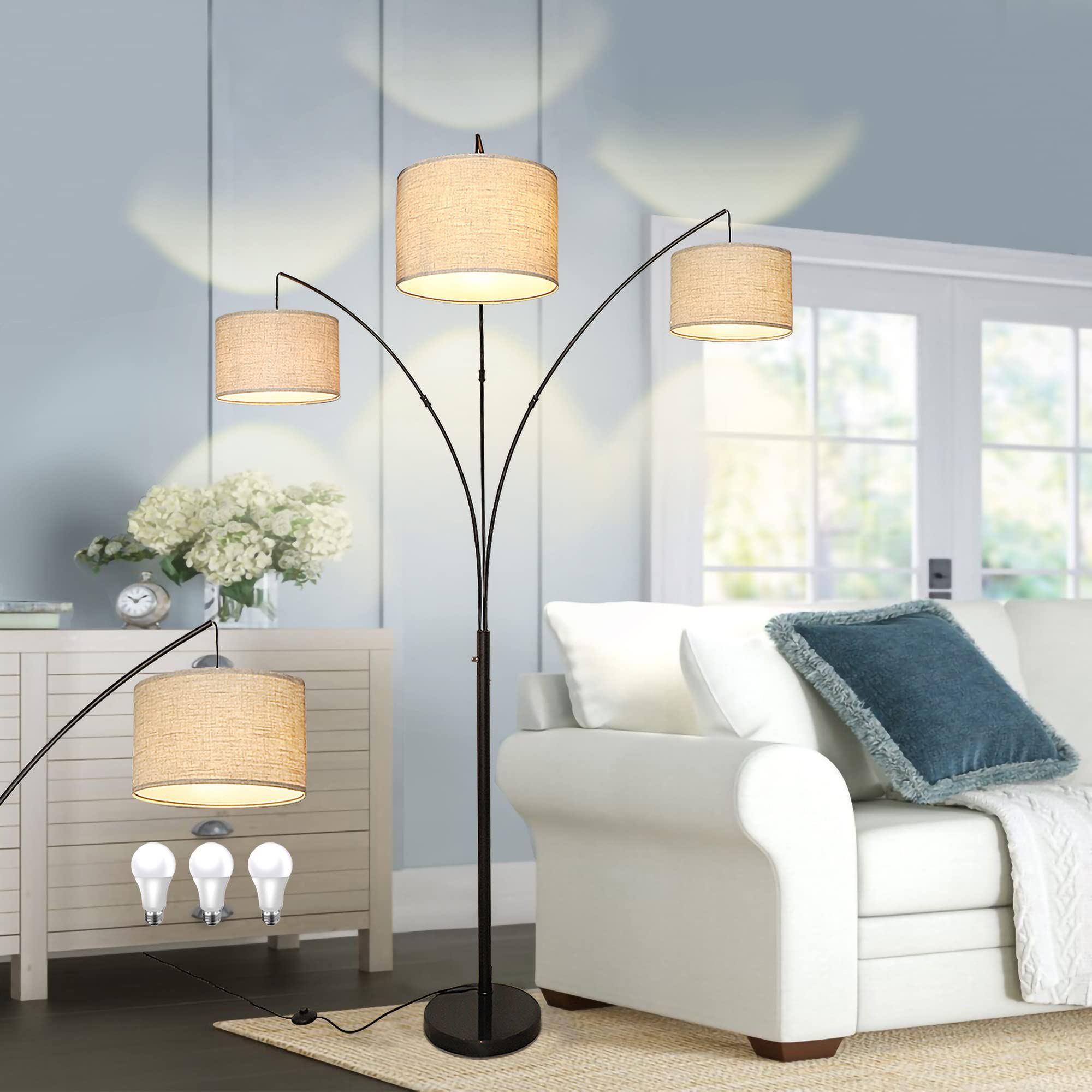 Dllt 3-Light Arc Floor Lamp, Modern Led Floor Lamp With Hanging Lampshades, 79 Inches Tall Standing Lamp With 3-Way Switch For L
