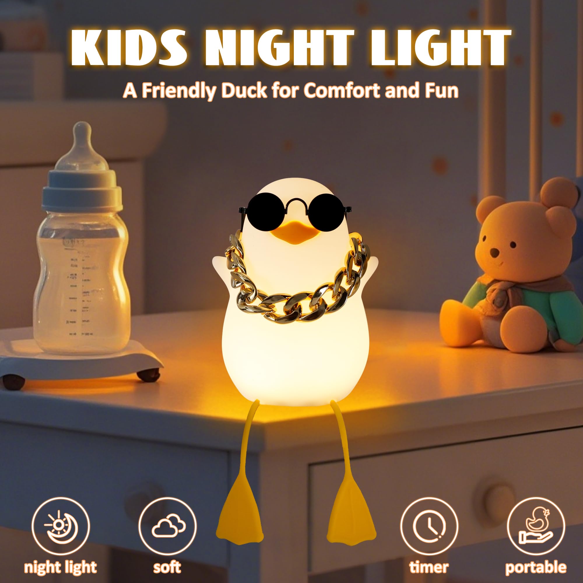 Duck Night Light, Silicone Duck Lamp, Cute Bedside Duck Goose Funny Nightlight With Dimmer And Timer For Room Decor, Duck Gifts