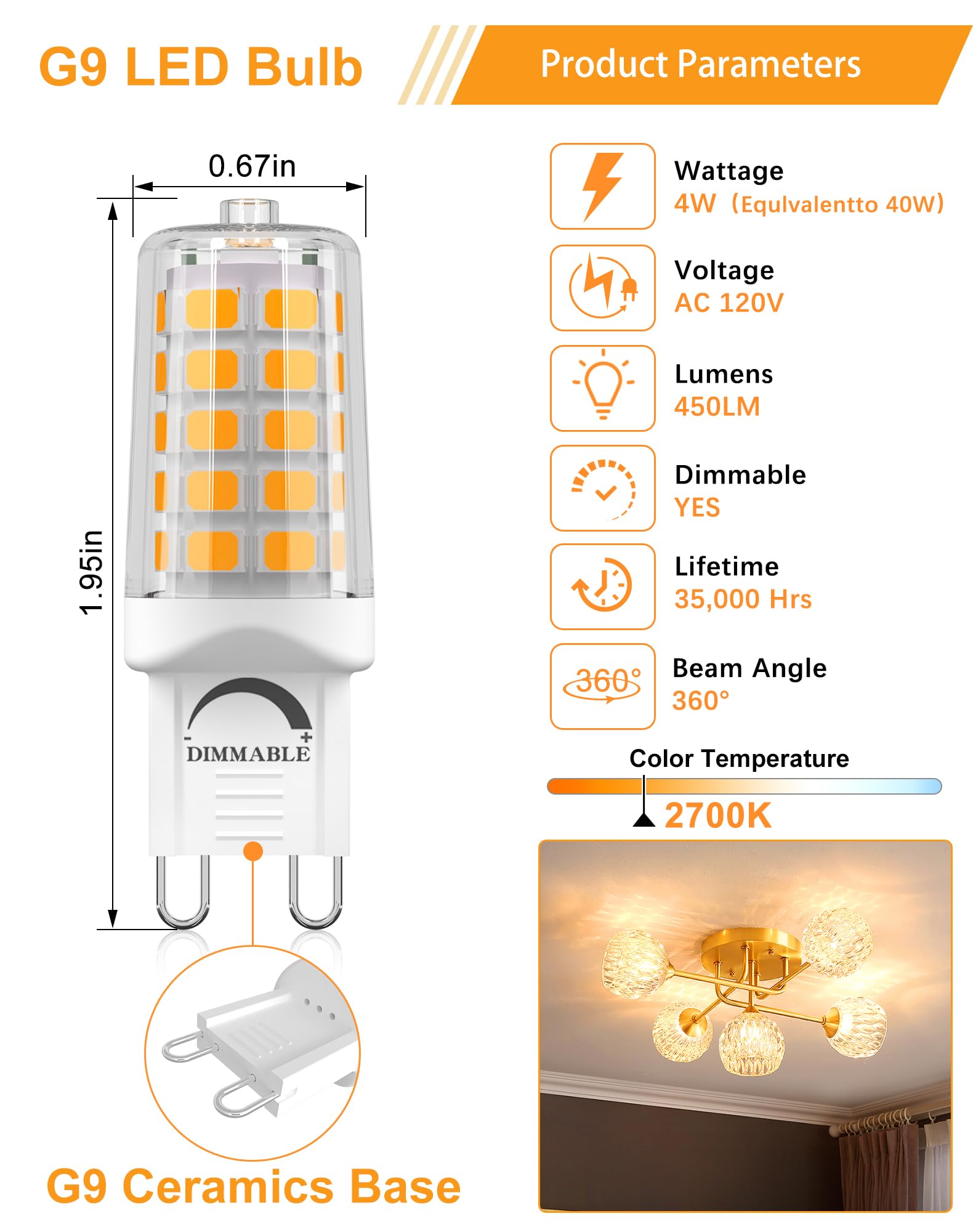 Gohdlamp 10 Pack Dimmable G9 Led Bulbs - 40W Equivalent Chandelier Lights, Warm White 2700K, 450 Lumen, Bi-Pin Standard Base, 4W