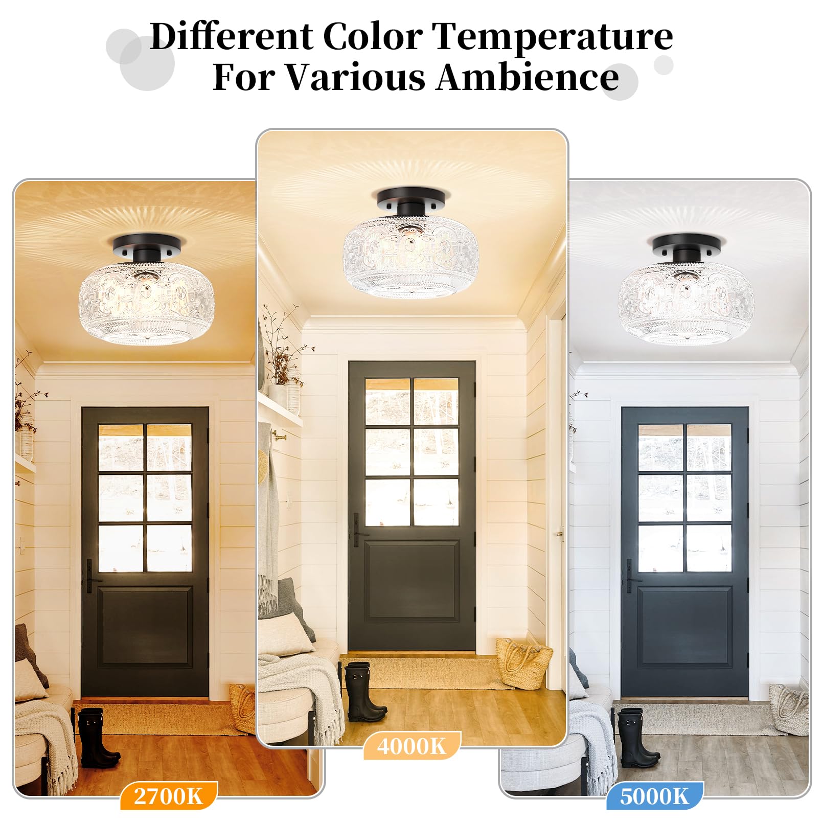 Oykyohei Black Vintage Semi Flush Mount Ceiling Light, Globe Glass Fixture For Home Lighting