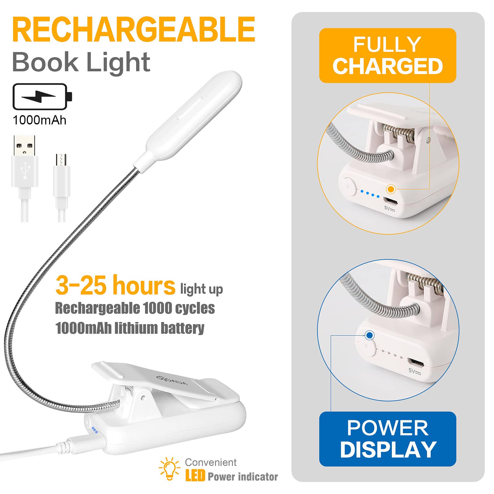 VAVOFO Clip On Book Light, 7 LED Eye Care Lamp, 9-Level Warm Cool White, Plastic, 1-Pack, White, Model KM-6720
