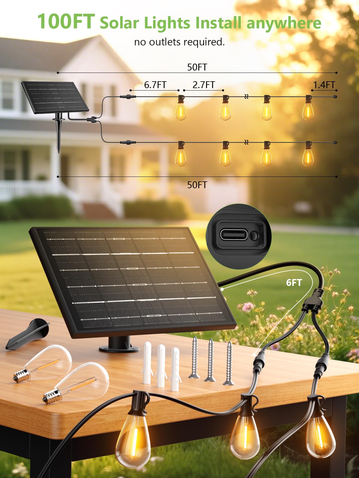 luckystyle Solar String Lights 100FT Waterproof 2200K with Remote, 36+2 LED Bulbs, Dimmable, 3 Light Modes, Shatterproof, Warm Yellow