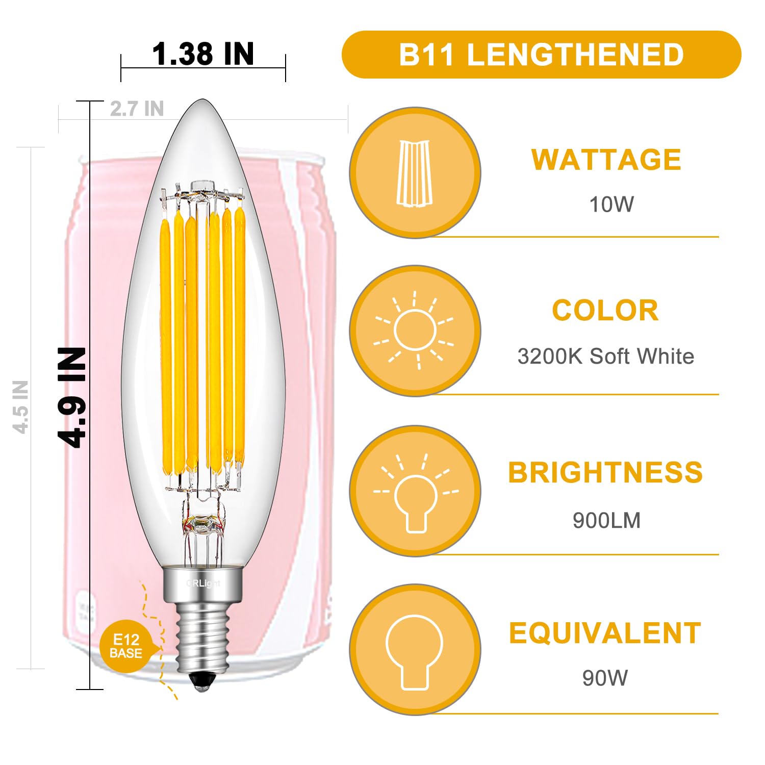 Crlight 10W Dimmable Led Candelabra Bulb 3200K Soft White, 900Lm E12,