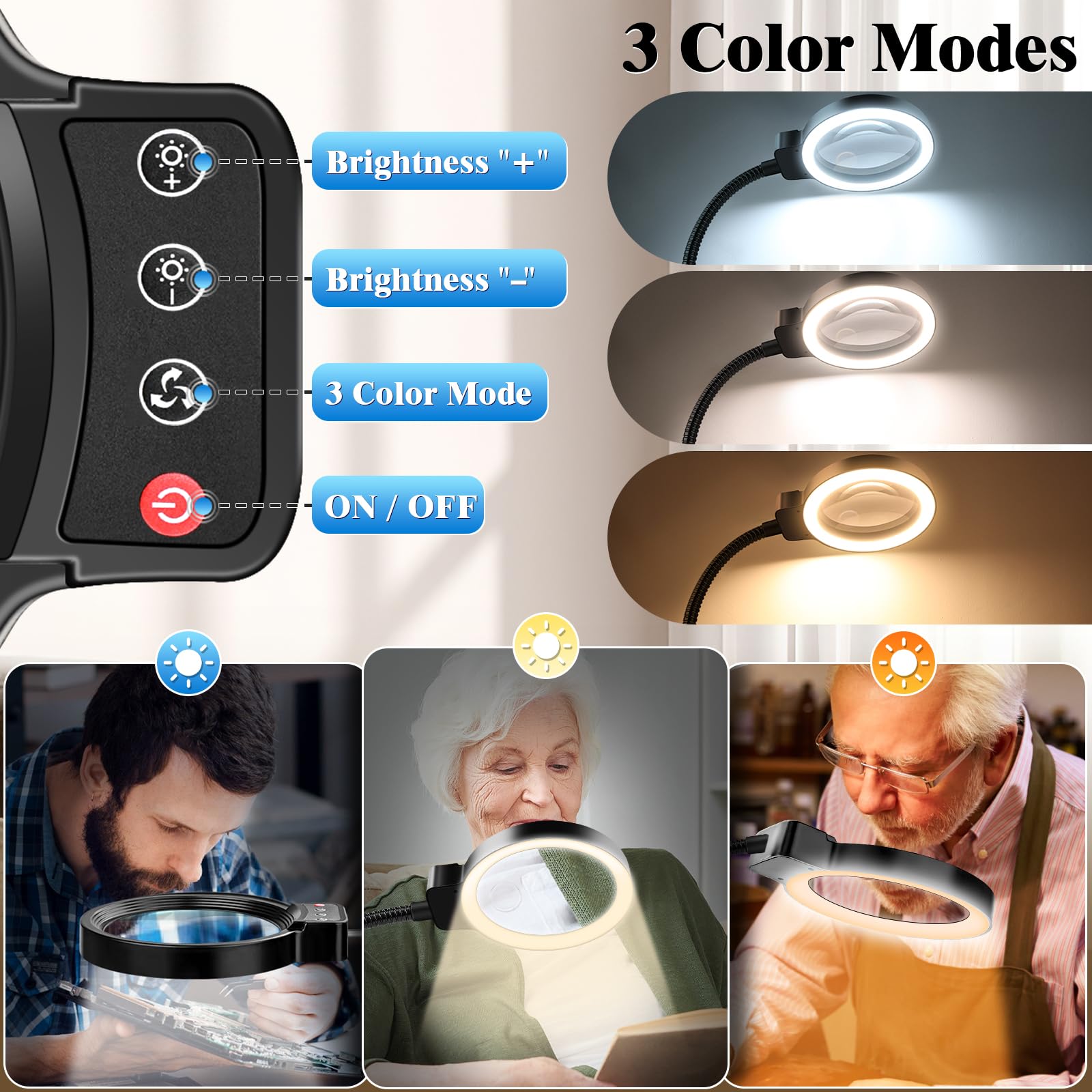 30X 10X Magnifying Glass With Light And Stand, 72 Led 3 Color Modes Stepless Dimmable, Hands Free Lighted Magnifier Desk Lamp Fo