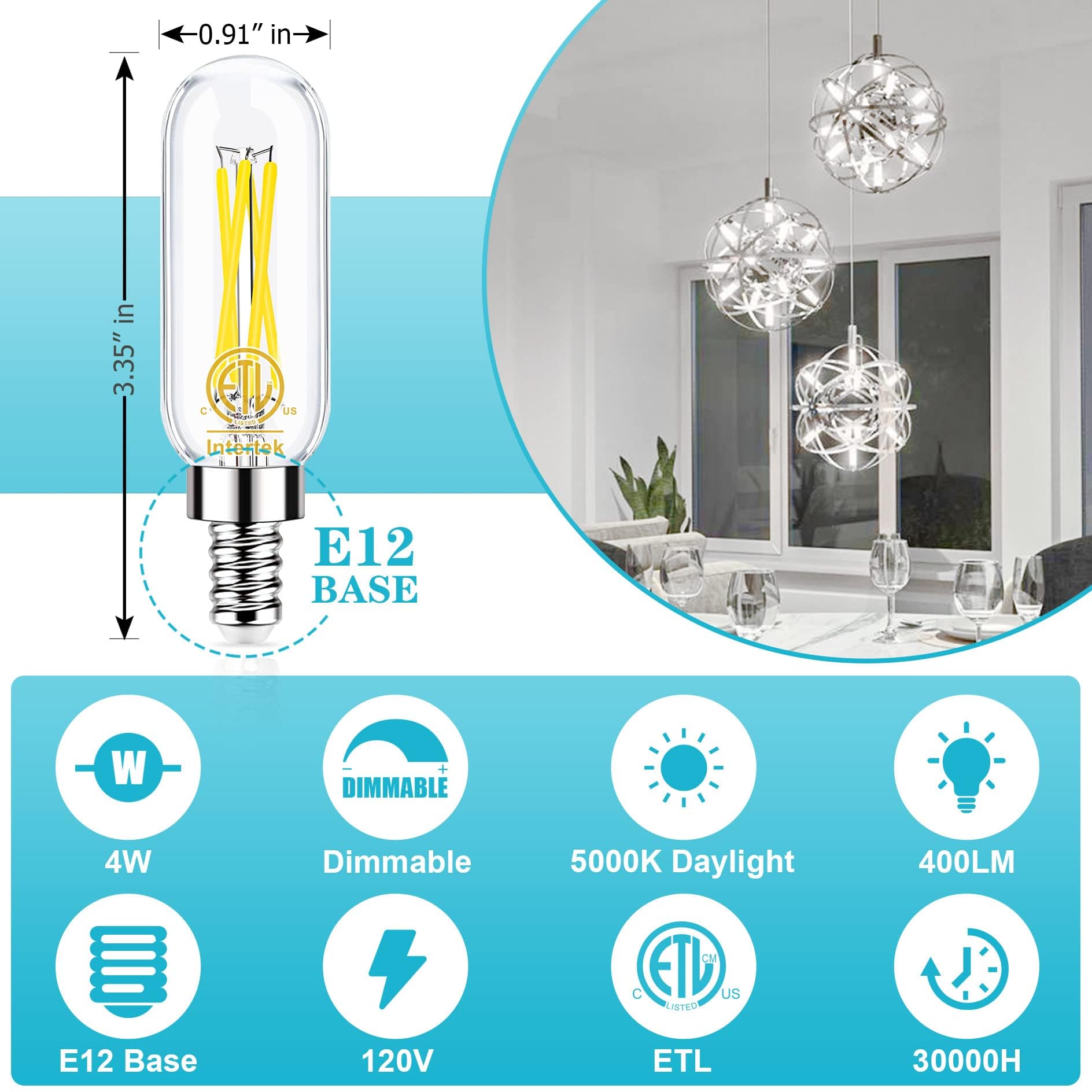 Hansang E12 Edison Chandelier Bulbs, Candelabra Base Led, 40W Equivalent, 5000K Daylight, Dimmable T6 Tube Shape Filament Candle