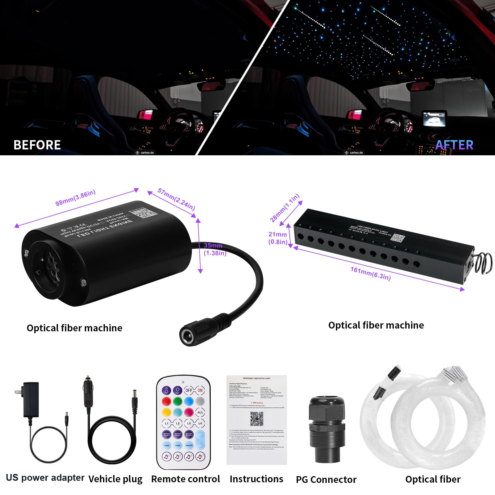 6W Small Size Fiber Optic Starlight Headliner Kit, 500pcs*0.03in*13.1ft, Shooting Stars + Twinkle + Sound-Activated APP& Remote