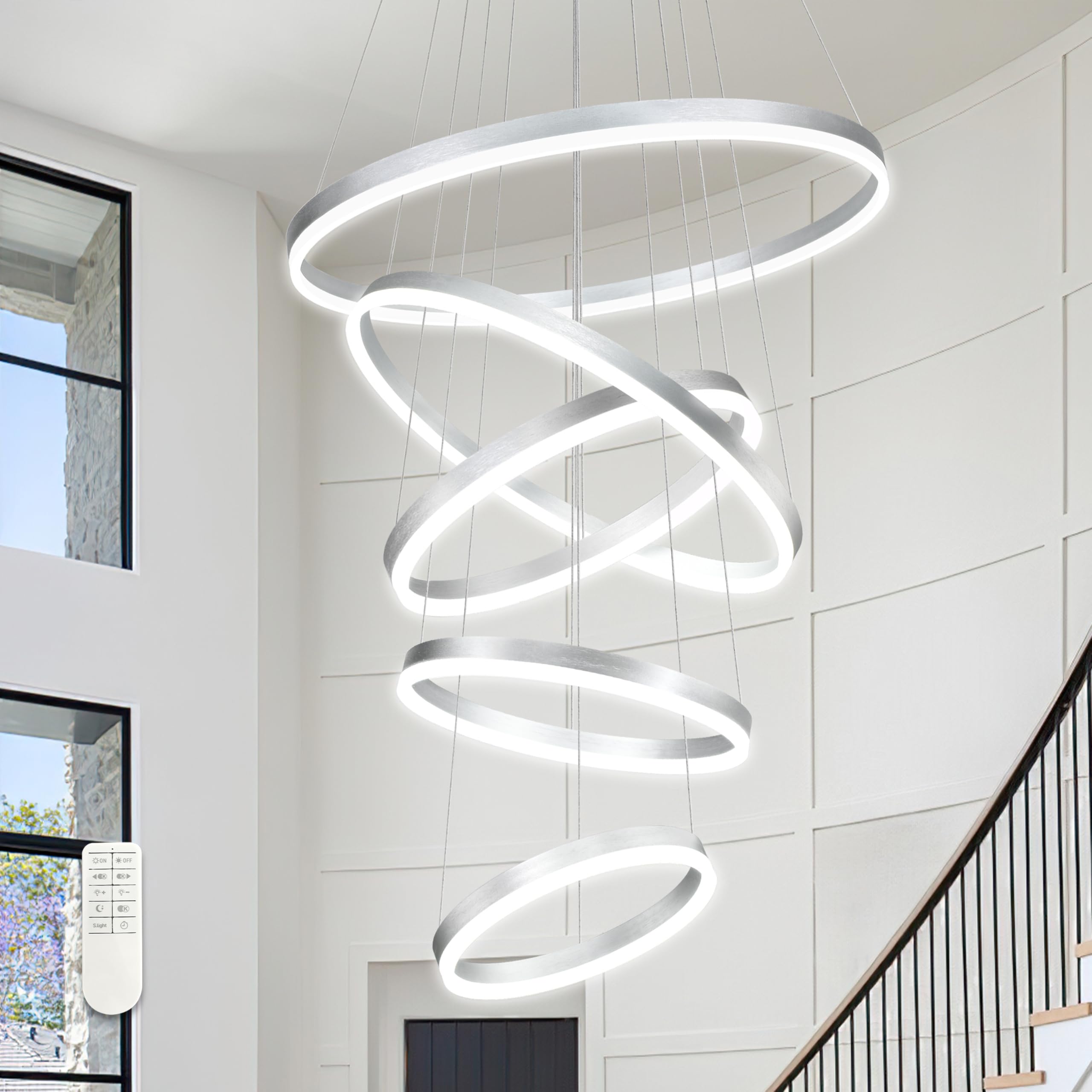 Mccokaige 5 Rings Pendant Lights Modern Nickel Led Chandelier Nickel Modern Led Pendant Light Dimmable Height Adjustable Chandel