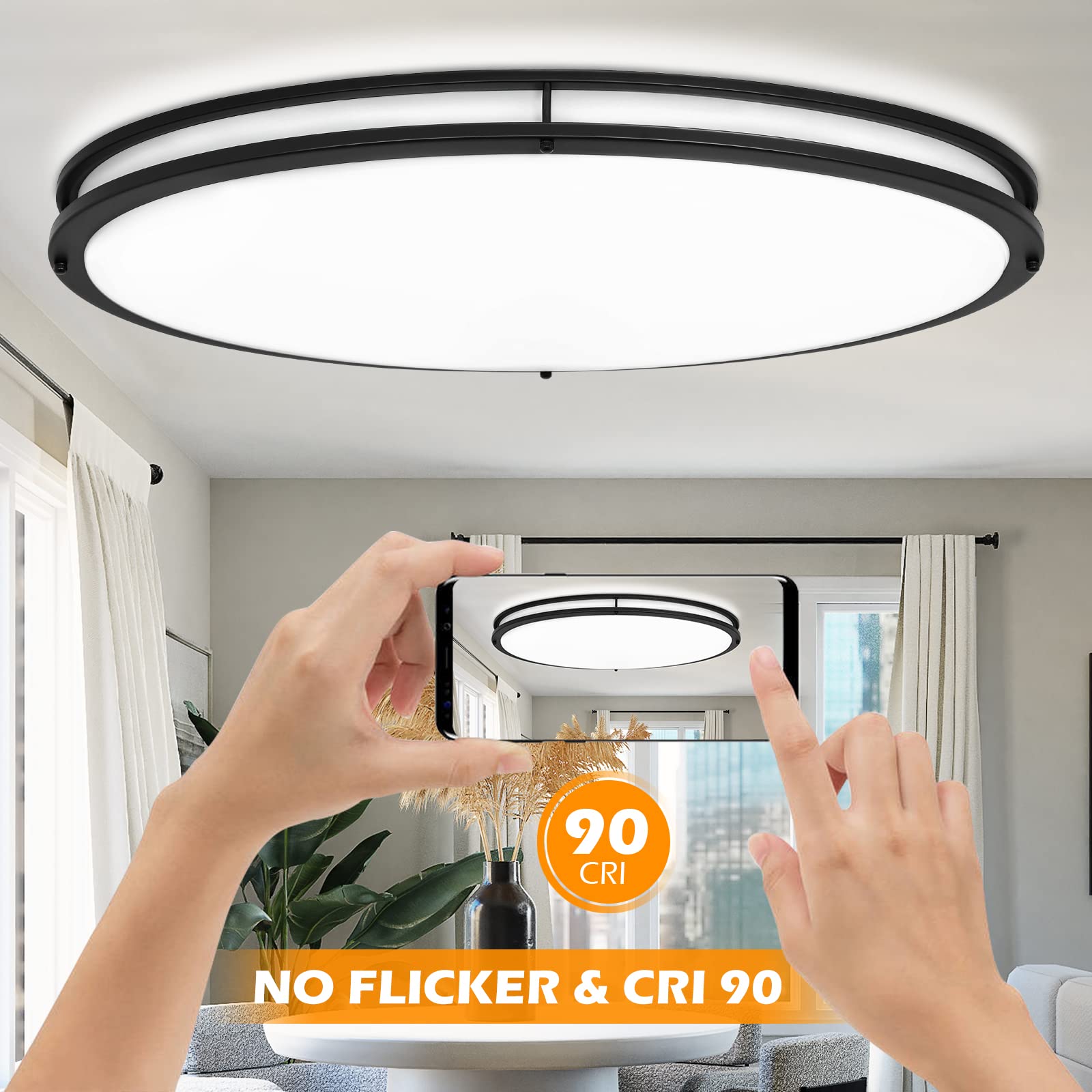 DINGLILIGHTING 65W Dimmable LED Flush Mount Ceiling Light, 32in Oval, Acrylic, Black, Model WS-FPC39-65C-B