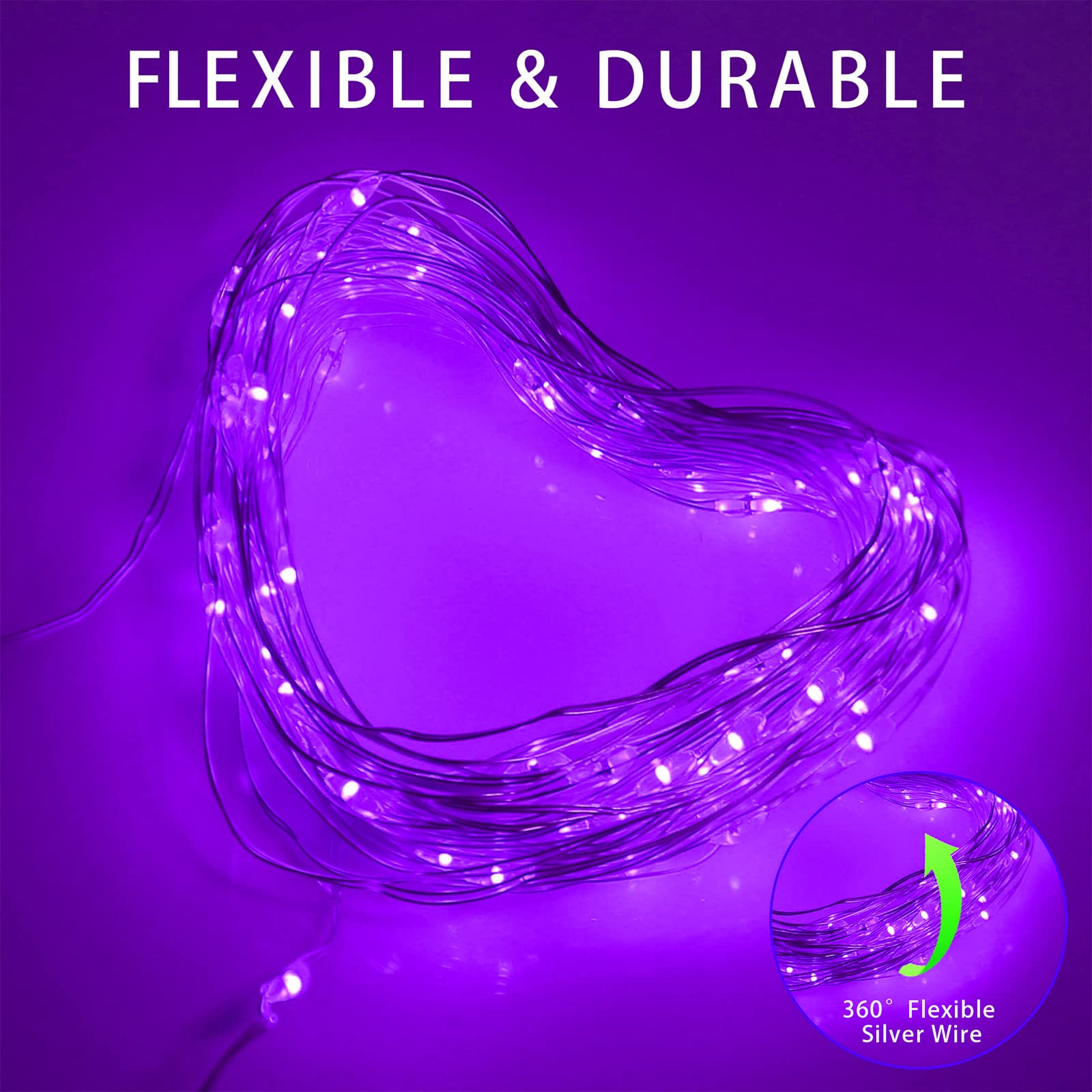 YAOZHOU Solar String Lights, 100 LED, Copper, 8 Modes, Waterproof, Purple, 2 Pack