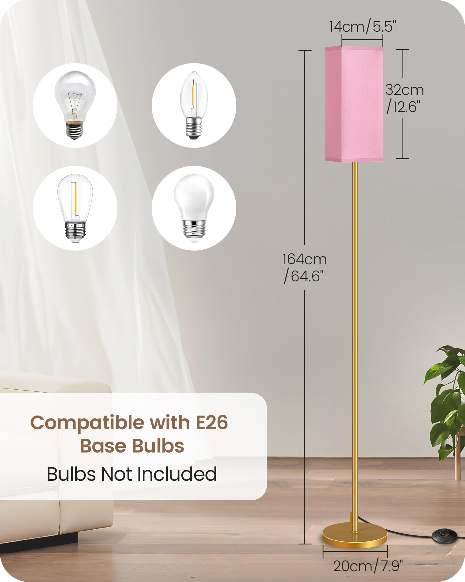 GOEBLESON Floor Lamp, Modern Standing Lamp with Foot Switch, Metal, Pink and Gold, Model DP07LDP205, 2Pack