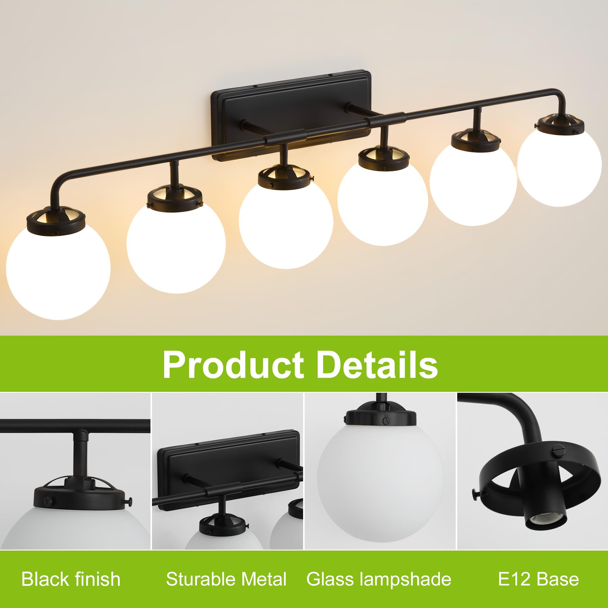 Deyidn 6-Light Matte Black Bathroom Light Fixture Over Mirror with Milk White Glass Shades, Model 1758-6