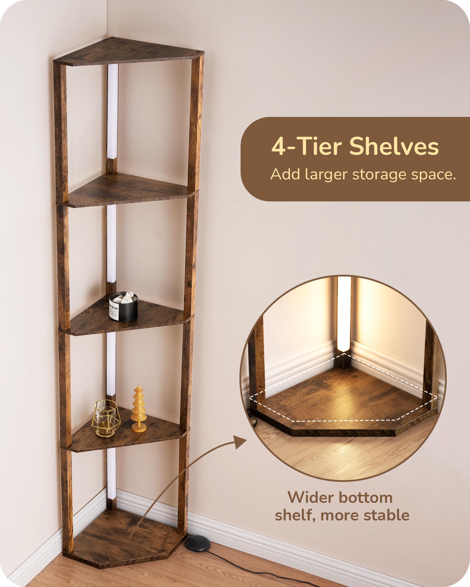 EDISHINE 64in Corner Shelf Floor Lamp, Modern LED Light, 3CCT Stepless Dimmable, Burlywood, Model HFLHA1A