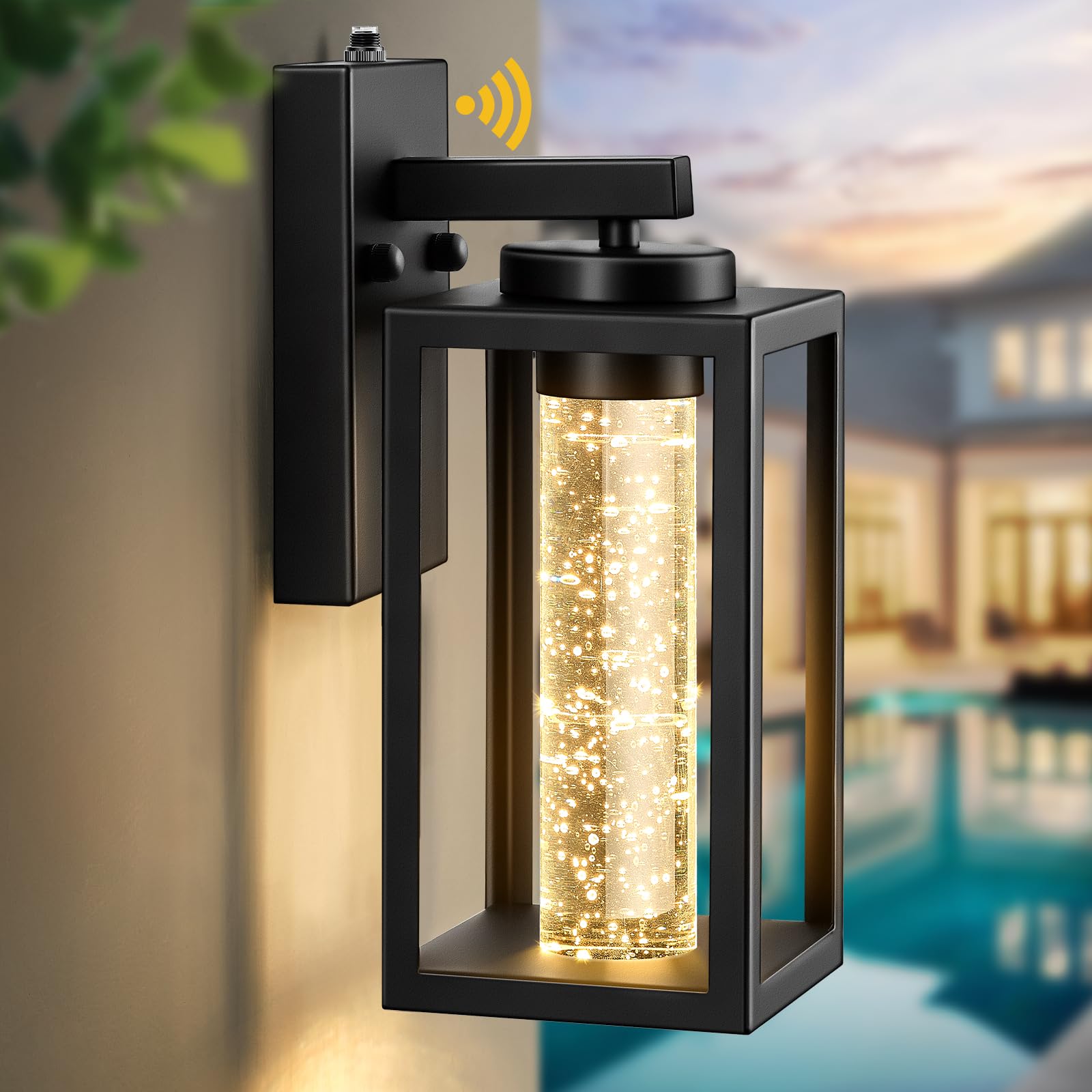 VIANIS Black Outdoor Wall Sconce, Dusk Dawn Exterior Lighting Wall Mount House with Crystal Bubble Glass, Waterproof Modern Outdoor Light Fixture Front Porch, LED Coach Lights for Garage Lantern