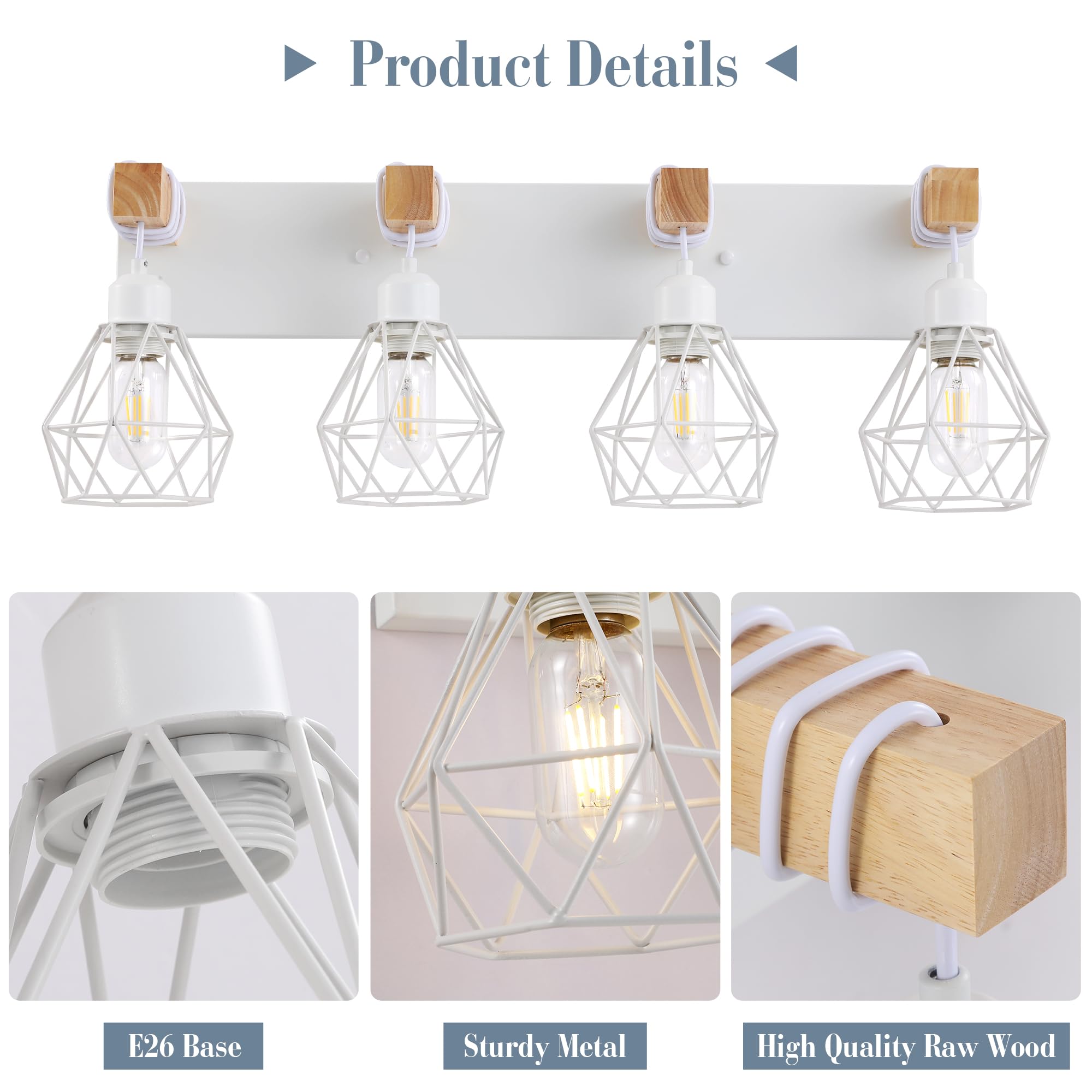 Farmhouse Vanity Light For Bathroom, 4-Light White Wood Bathroom Vanity Light Fixtures Over Mirror, Rustic Sconces Wall Lighting