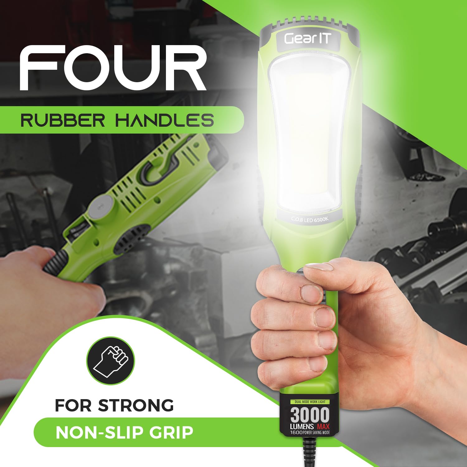 Gearit Led Work Light (15 Feet) 1200 Lumen Cob Led - 16 Gauge Sjtw Indoor/Outdoor Nema 5-15R Extension Cord - Handheld, Rotating Hanger, Magnetic Base For Auto Mechanic And Construction - 15Ft